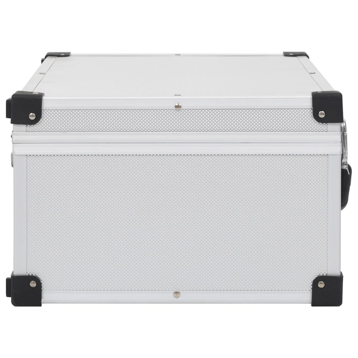 Ein silberner Aluminiumkoffer mit schwarzem Griff und schwarzen Ecken.