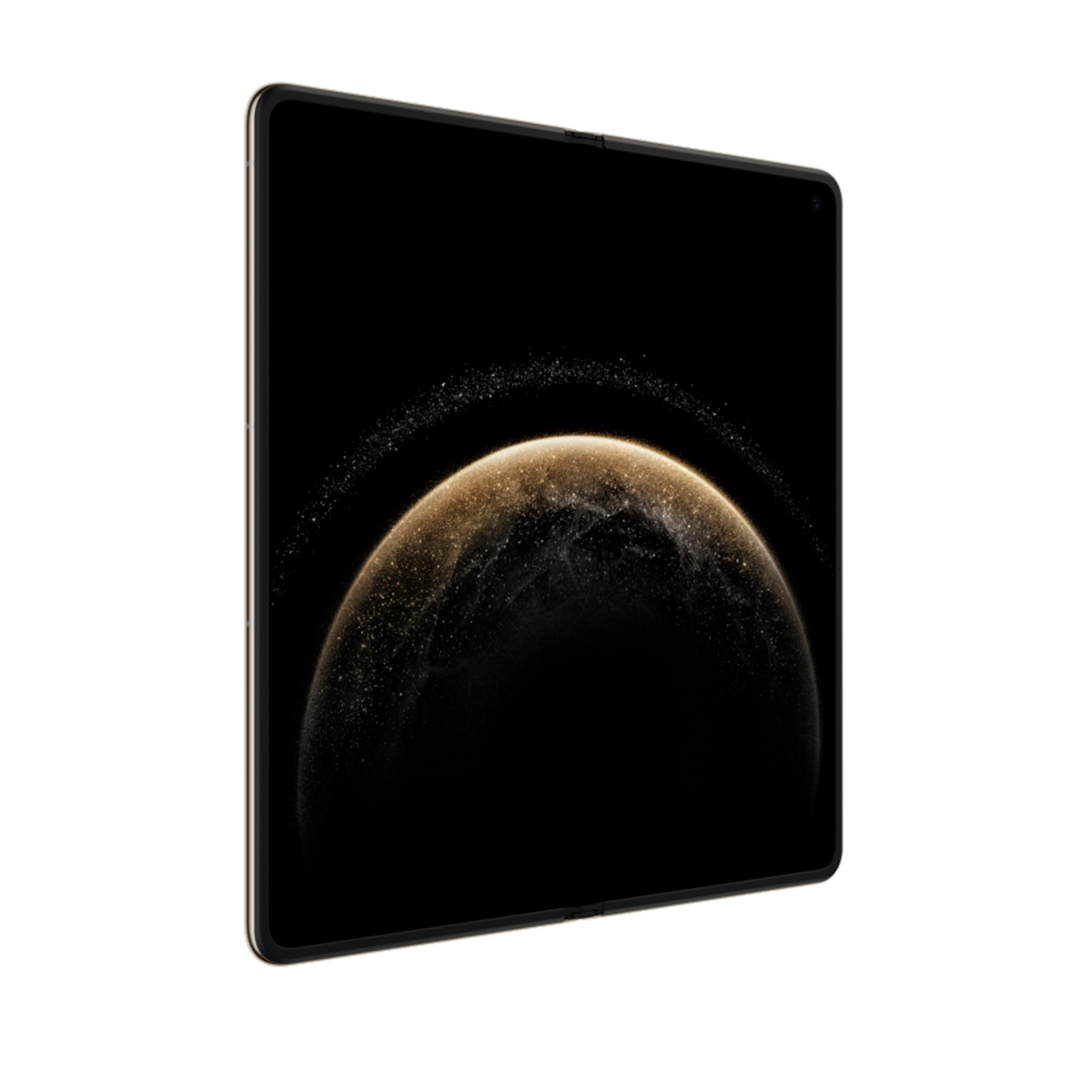 Ein gefaltetes Telefon, schwarzer Bildschirm mit galaxieähnlichem Design, goldfarbener Rahmen.