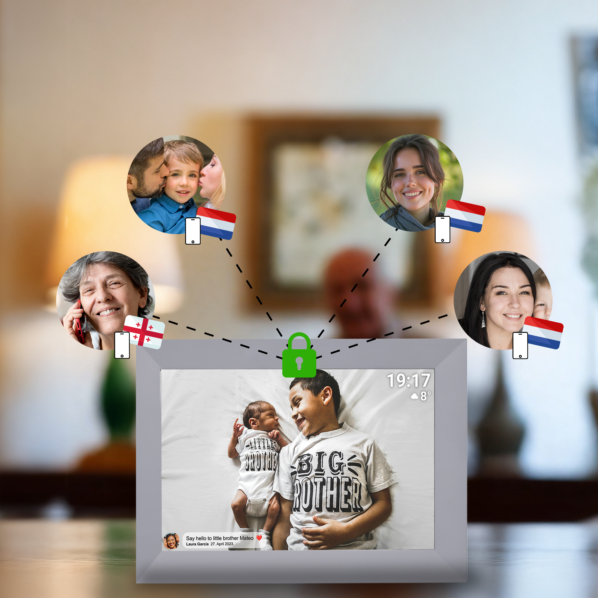 Cyfrowa ramka na zdjęcia pokazująca wiele połączonych osób i zdjęć.