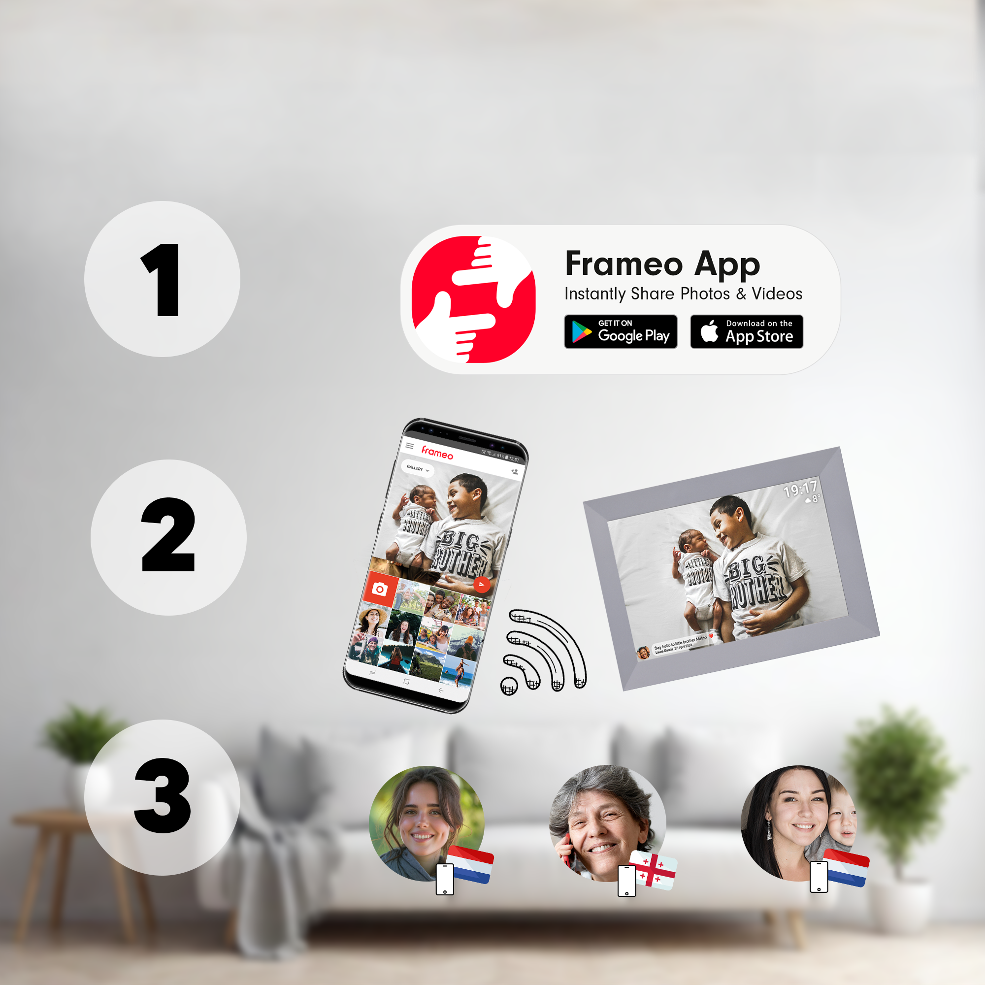 Smartfon i cyfrowa ramka na zdjęcia. Interfejs aplikacji Frameo i ludzie.