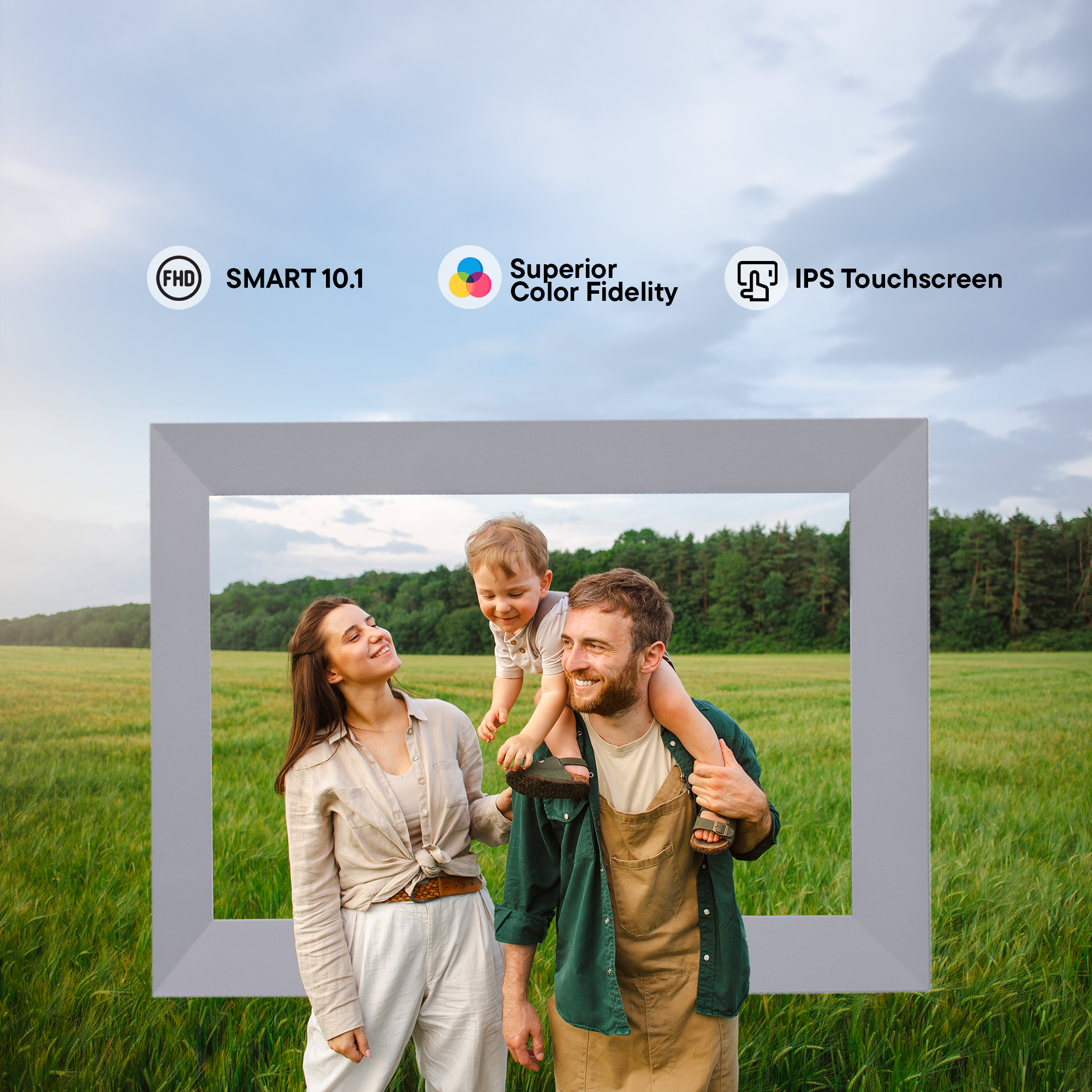 Rodzina w ramce na polu, z ikonami funkcji wyświetlania.