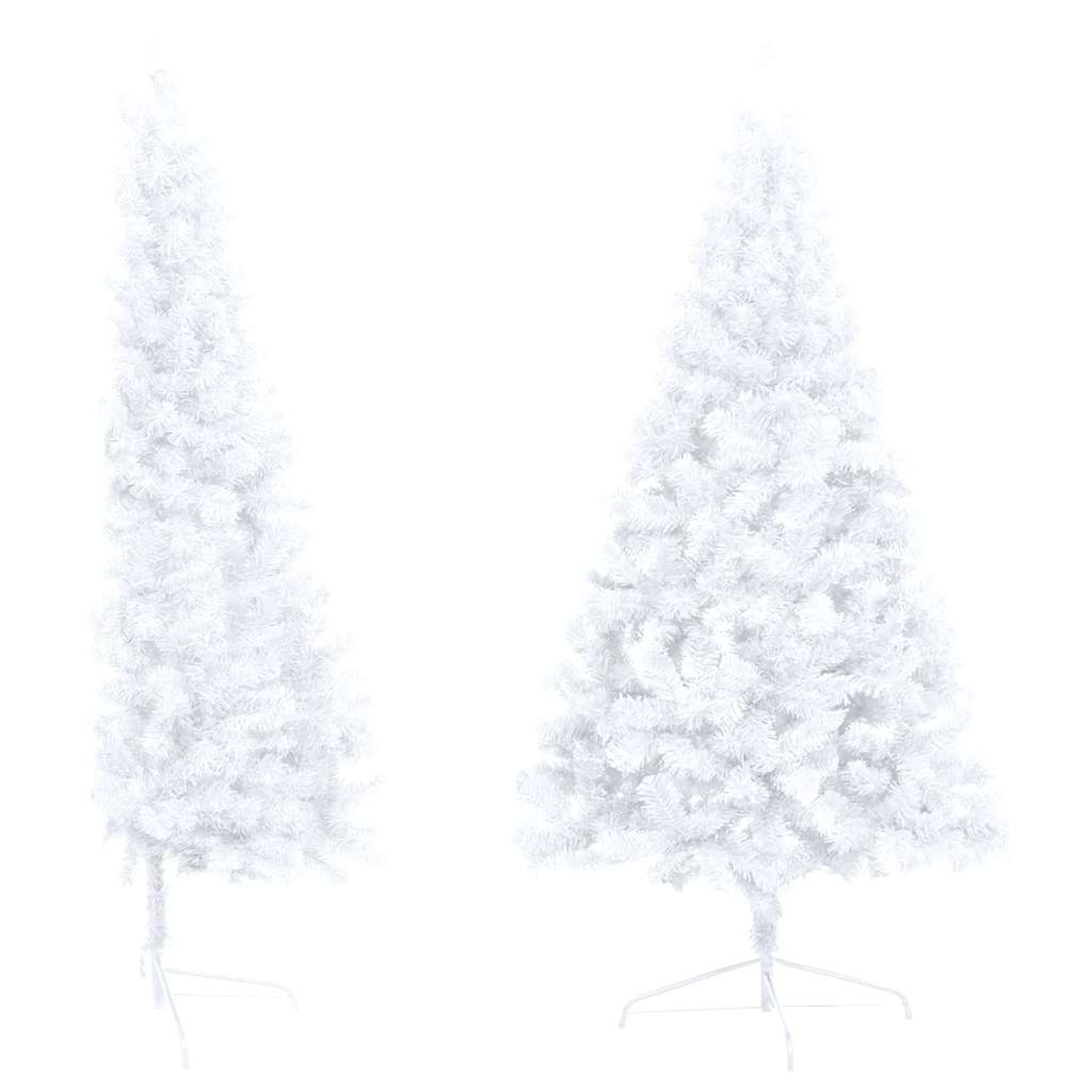Zwei weiße Weihnachtsbäume mit einfachem Ständer, auf weißem Hintergrund.