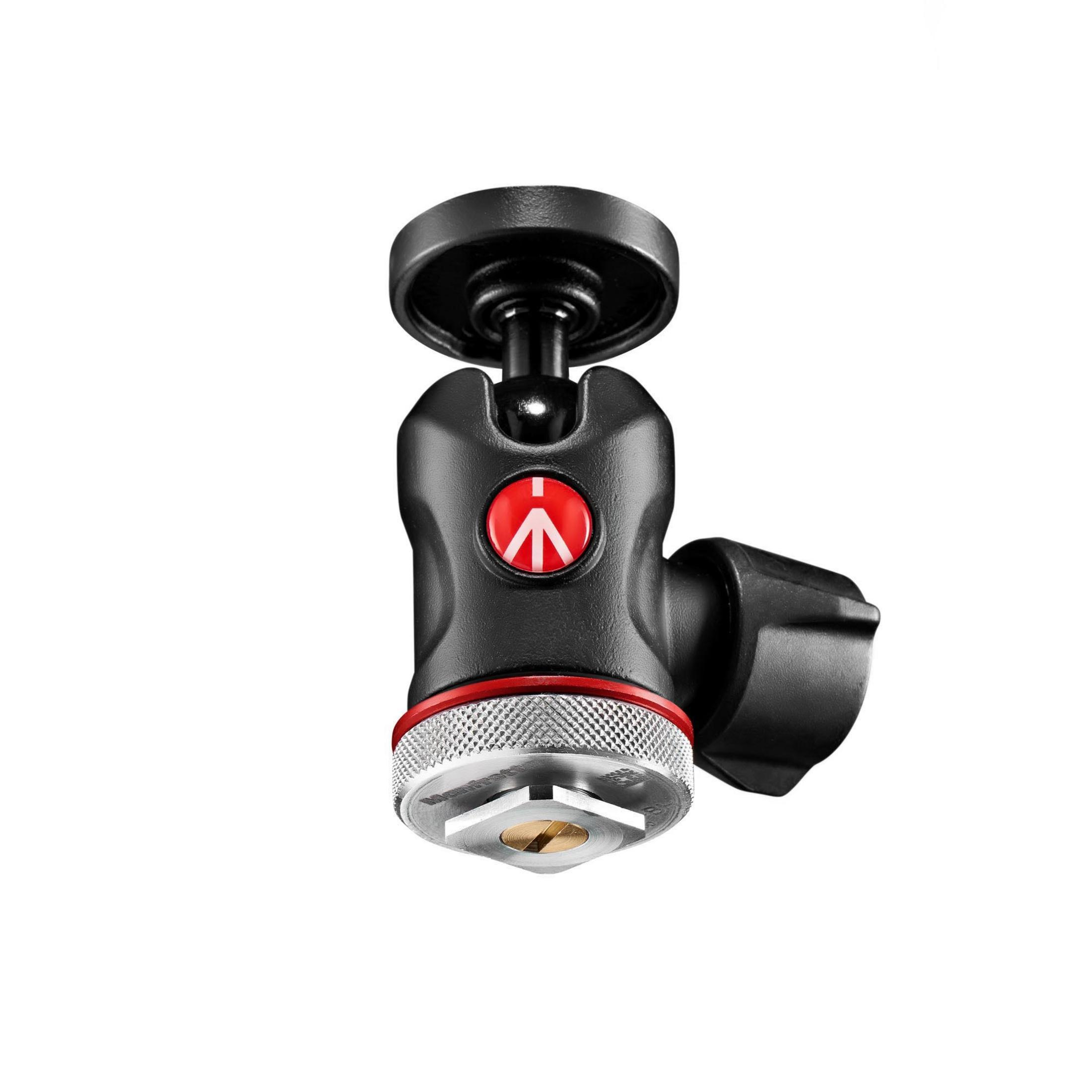 Una rótula Manfrotto negra y roja para trípode, aislada sobre blanco.