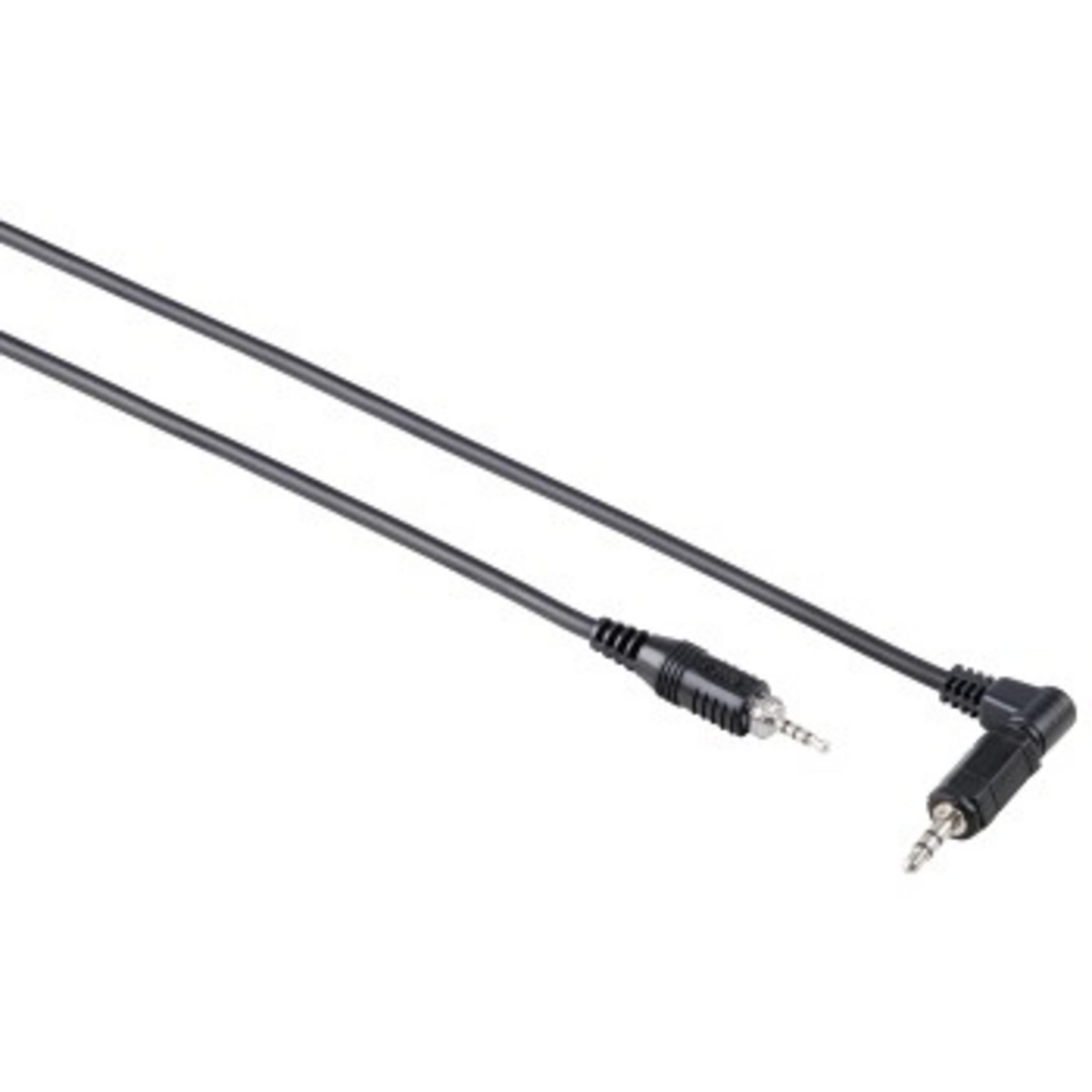 Zwarte audiokabel met mannelijke en haakse 3,5mm-connectoren.