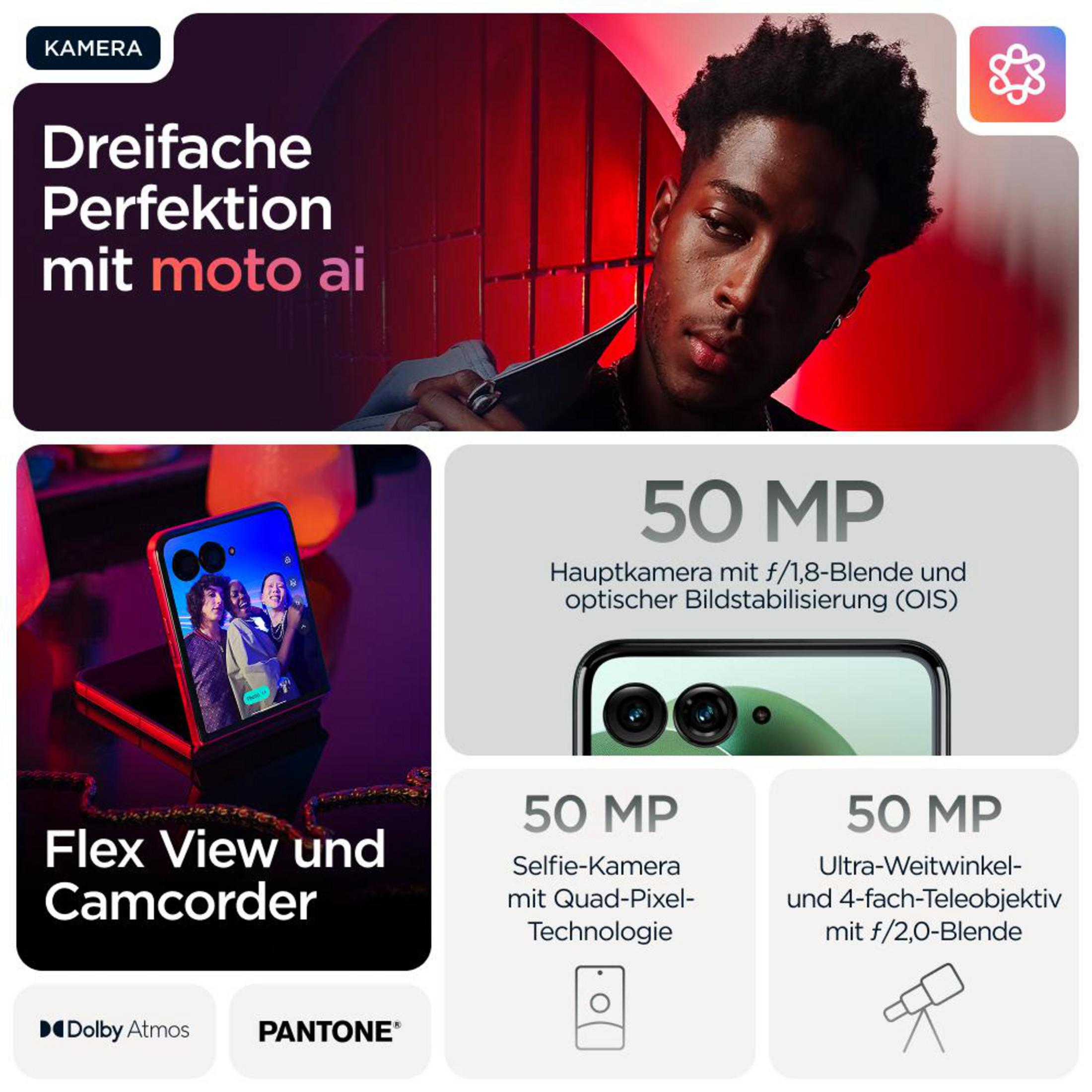 Smartfon z wyświetlanym obrazem ludzi. Tekst na obrazku mówi 'Flex View i Kamera'.
