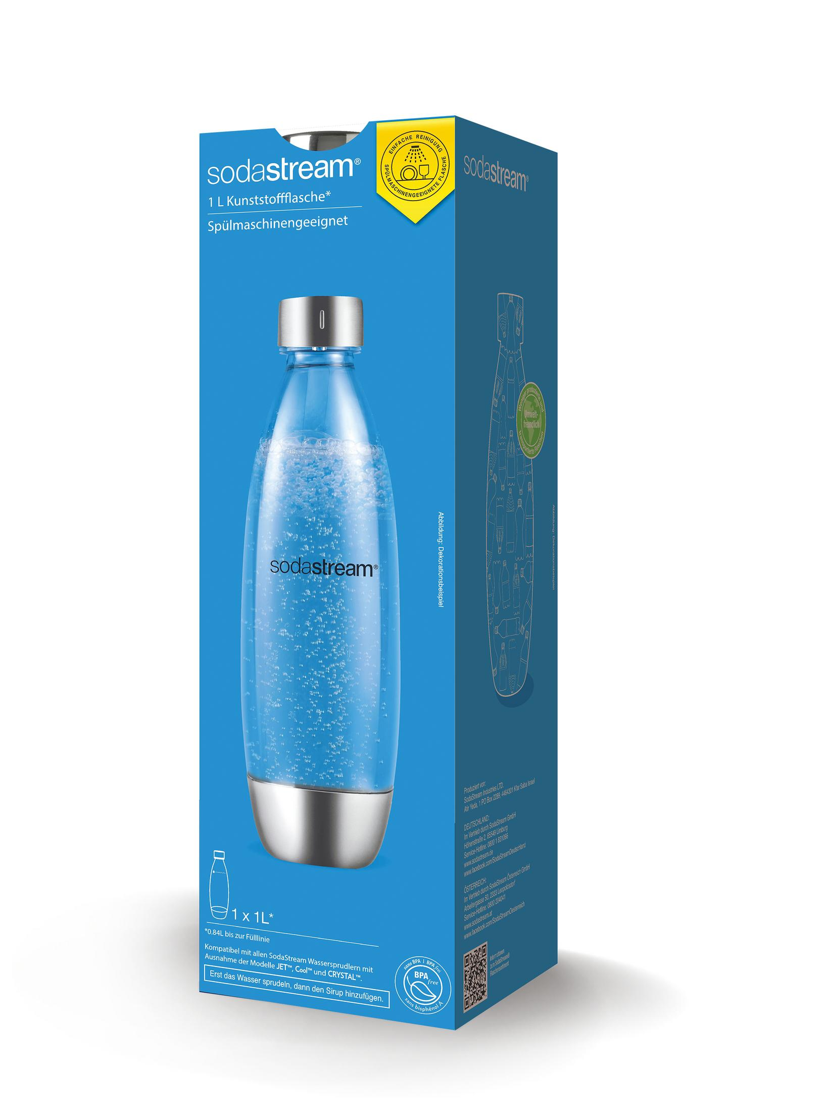 Una bottiglia di soda blu in una scatola. La scatola riporta il marchio 'sodastream' e i dettagli del prodotto.