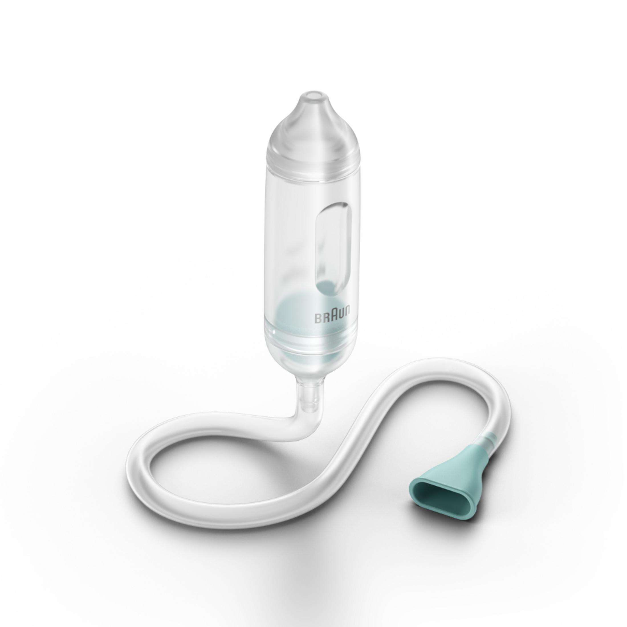 Ein Nasensauger mit transparentem Körper und einem flexiblen Schlauch. Die Spitze ist türkis.