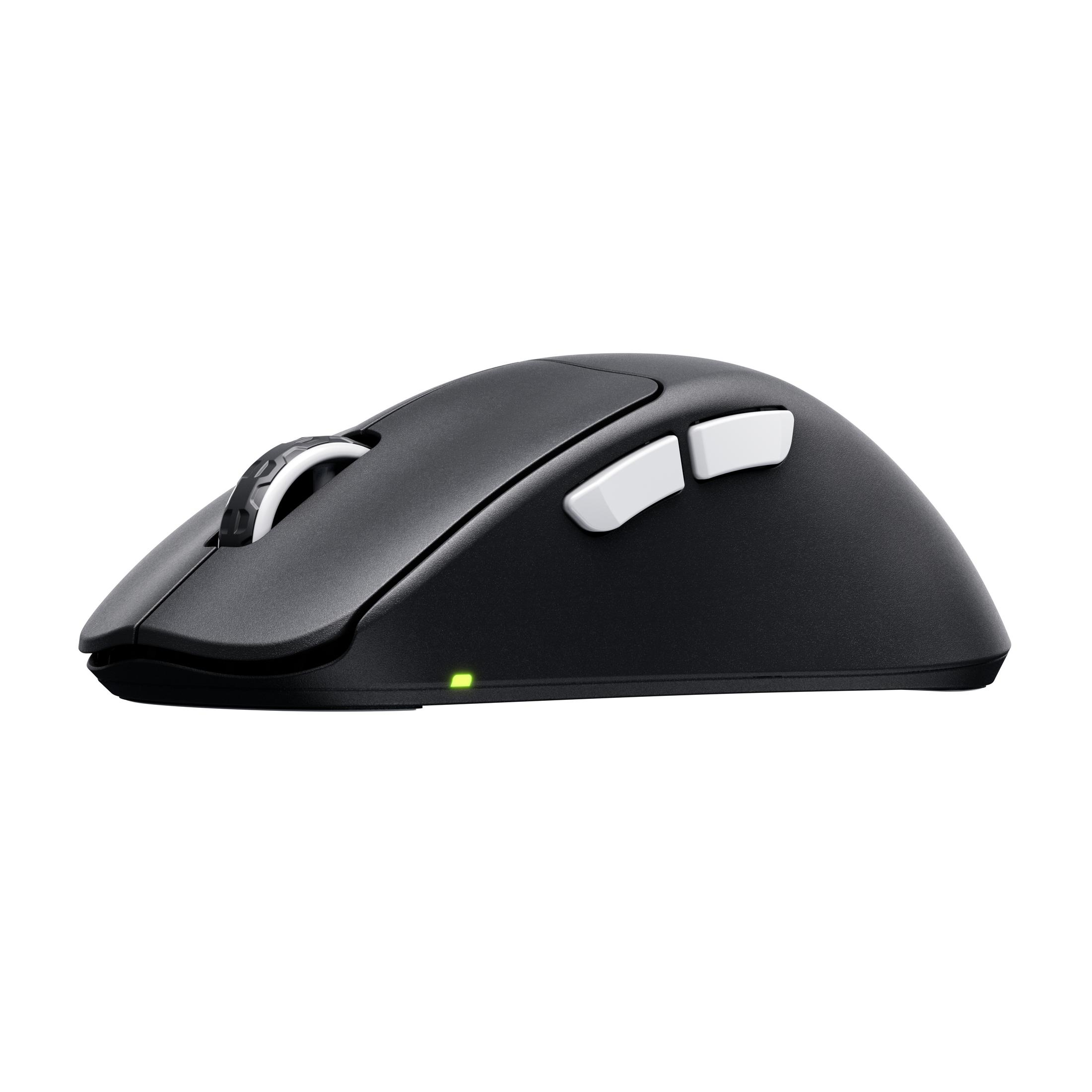 Mouse per computer nero con due pulsanti laterali bianchi. Vista laterale, sfondo bianco.