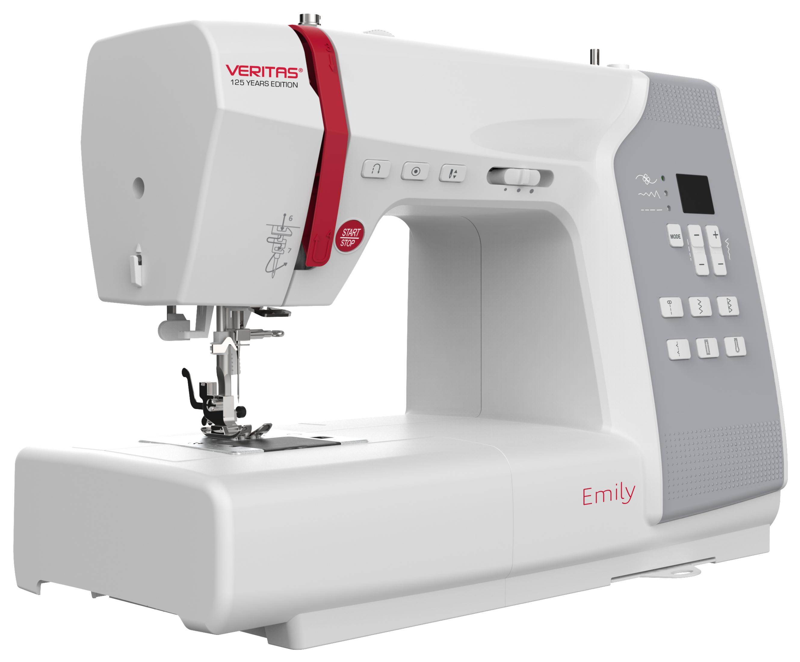 Weiße Nähmaschine mit roten Akzenten. Sie hat ein Display und Knöpfe. Der Name 'Emily' ist sichtbar.