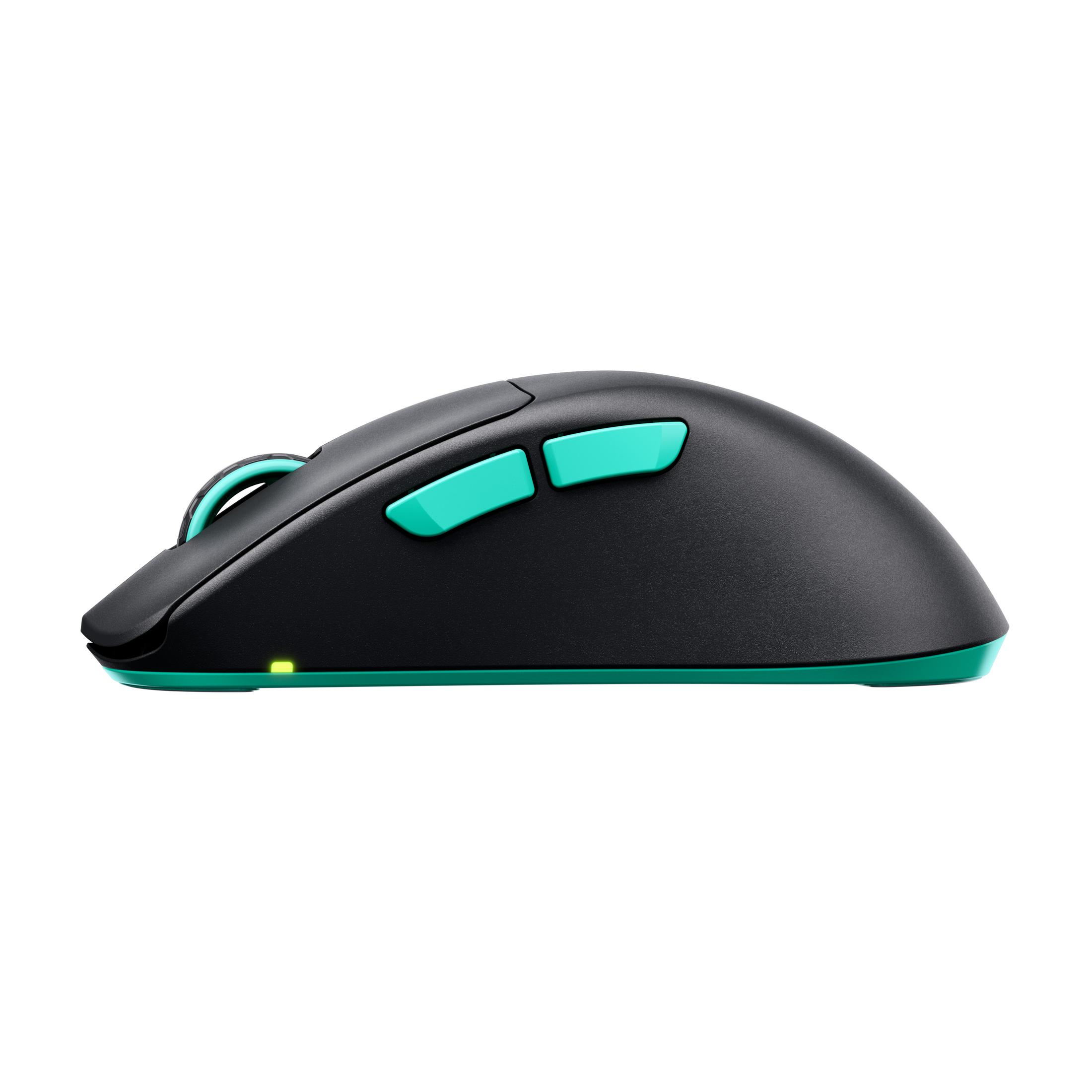 Ratón para juegos negro con detalles turquesa. Tiene dos botones laterales turquesa y una rueda de desplazamiento turquesa.