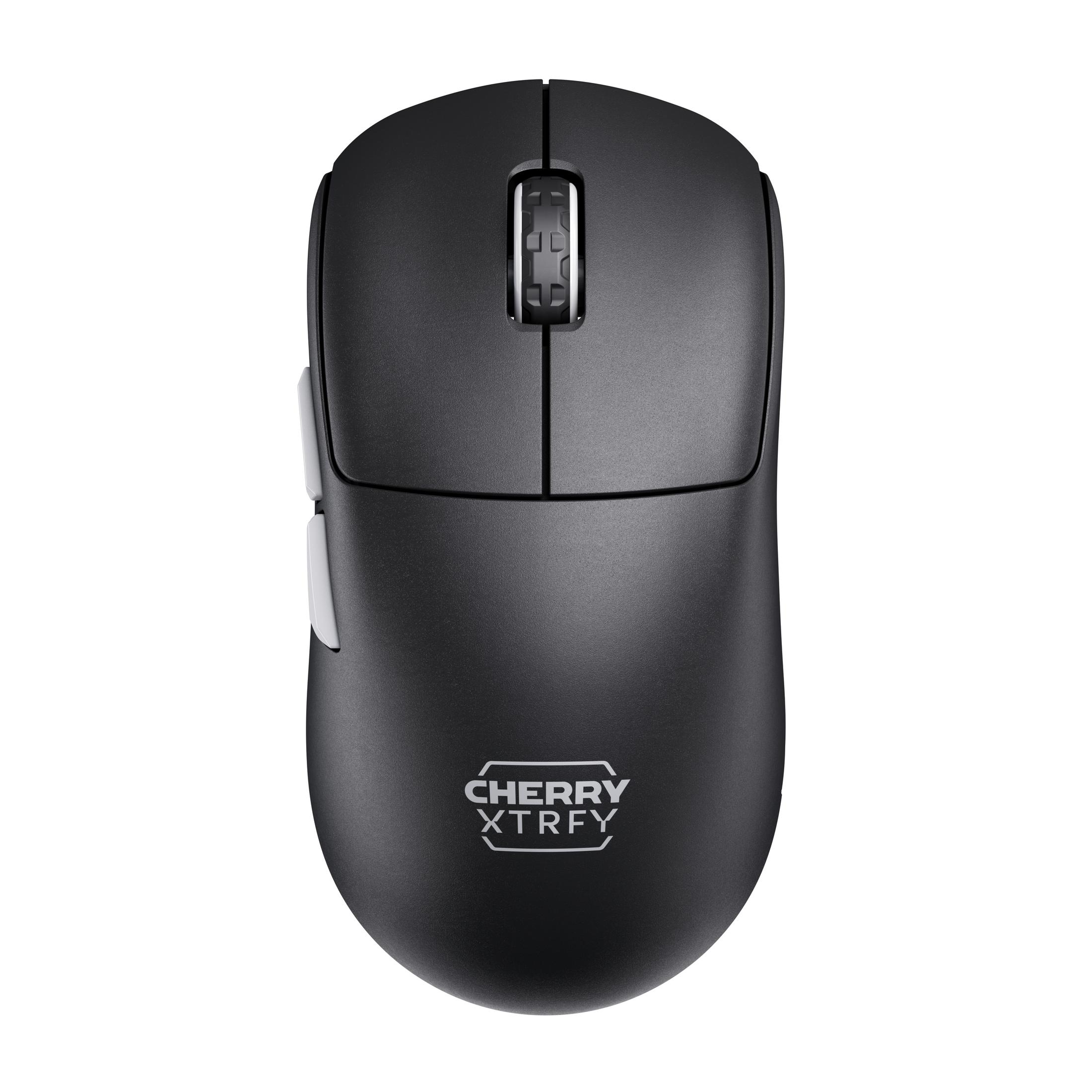 Mouse nero con pulsanti bianchi e rotella, logo CHERRY XTRFY sul fondo.