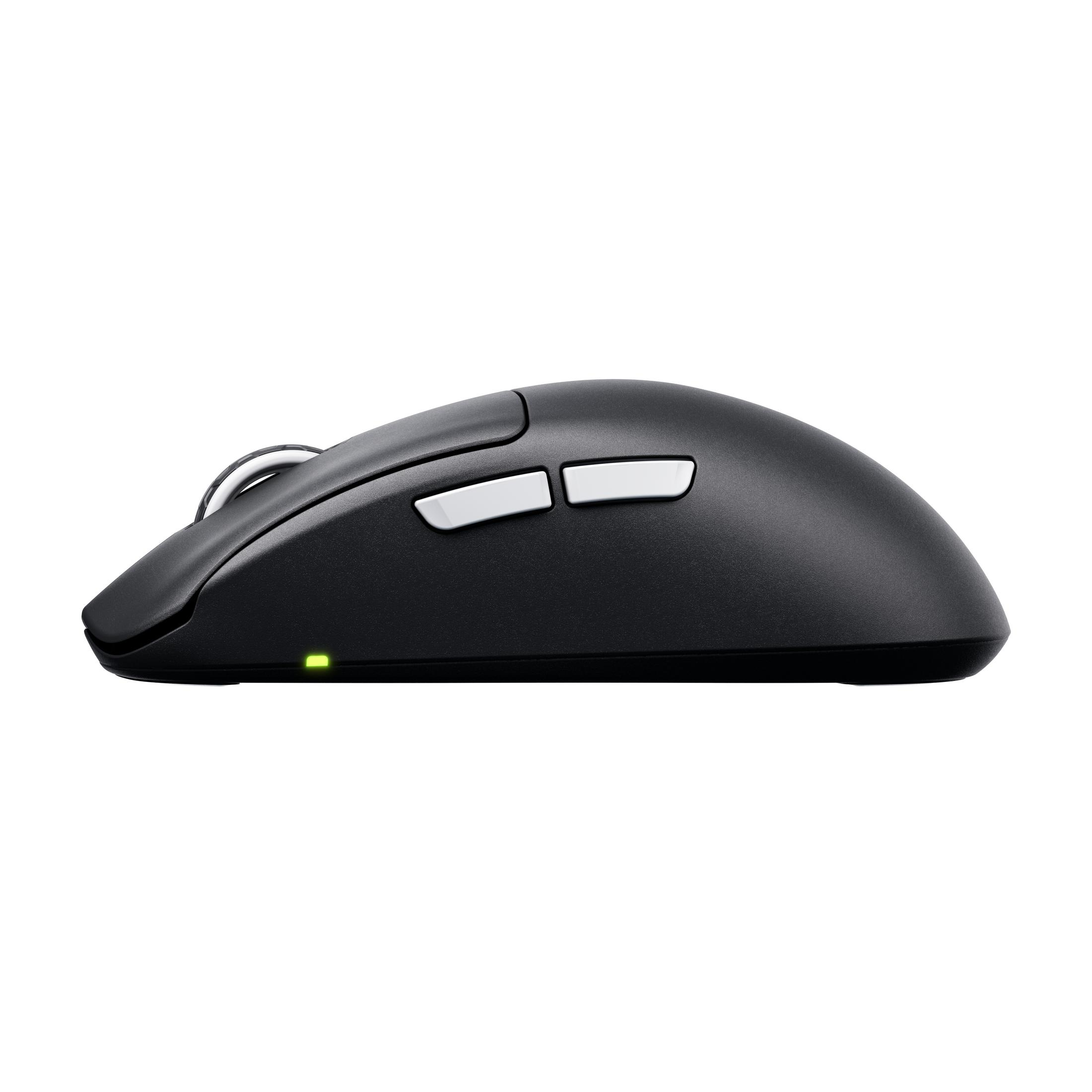 Mouse per computer nero visto di lato. Ha due pulsanti bianchi e una luce verde.
