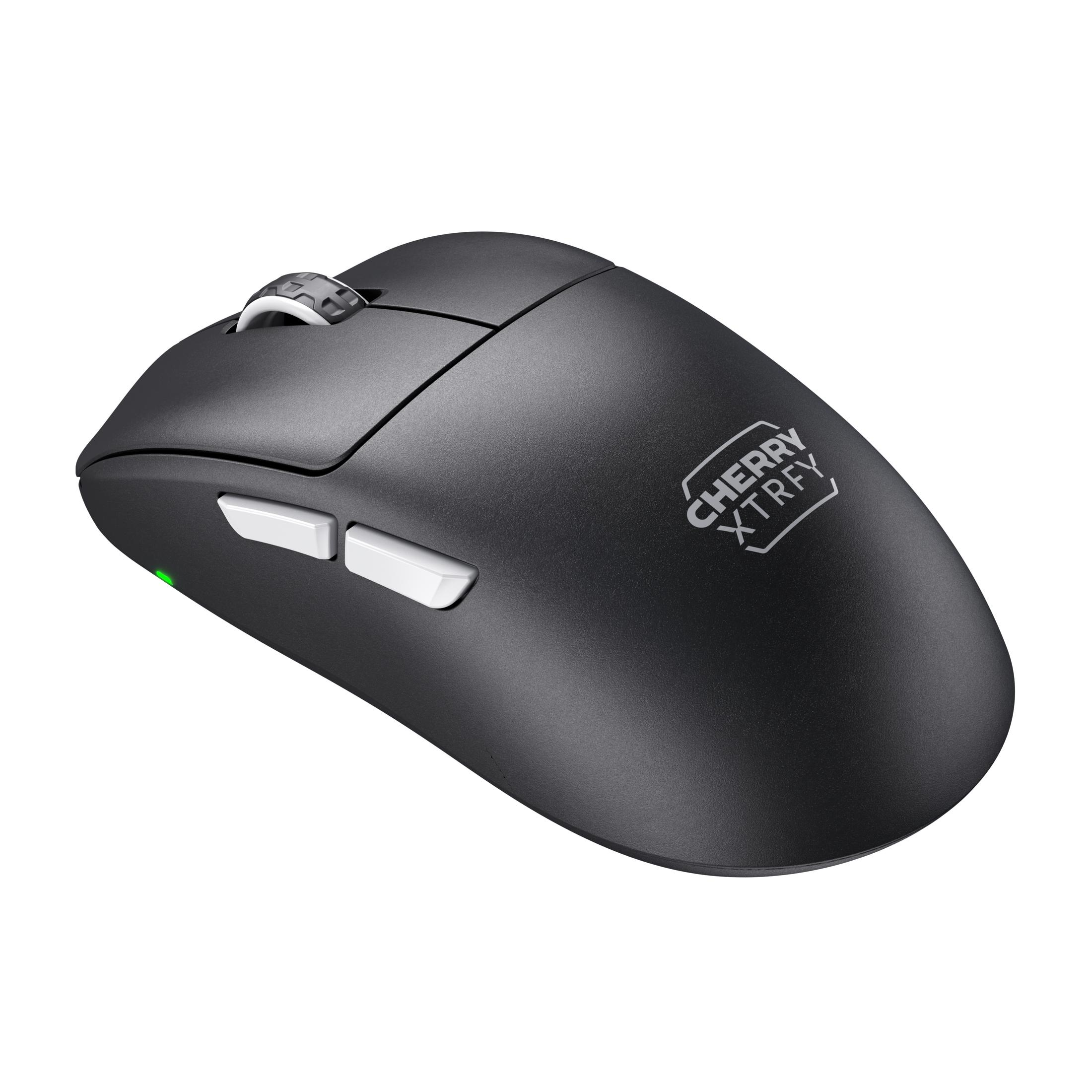 Mouse da gaming nero con pulsanti bianchi e rotella di scorrimento. Il mouse ha il logo Cherry Xtrfy.