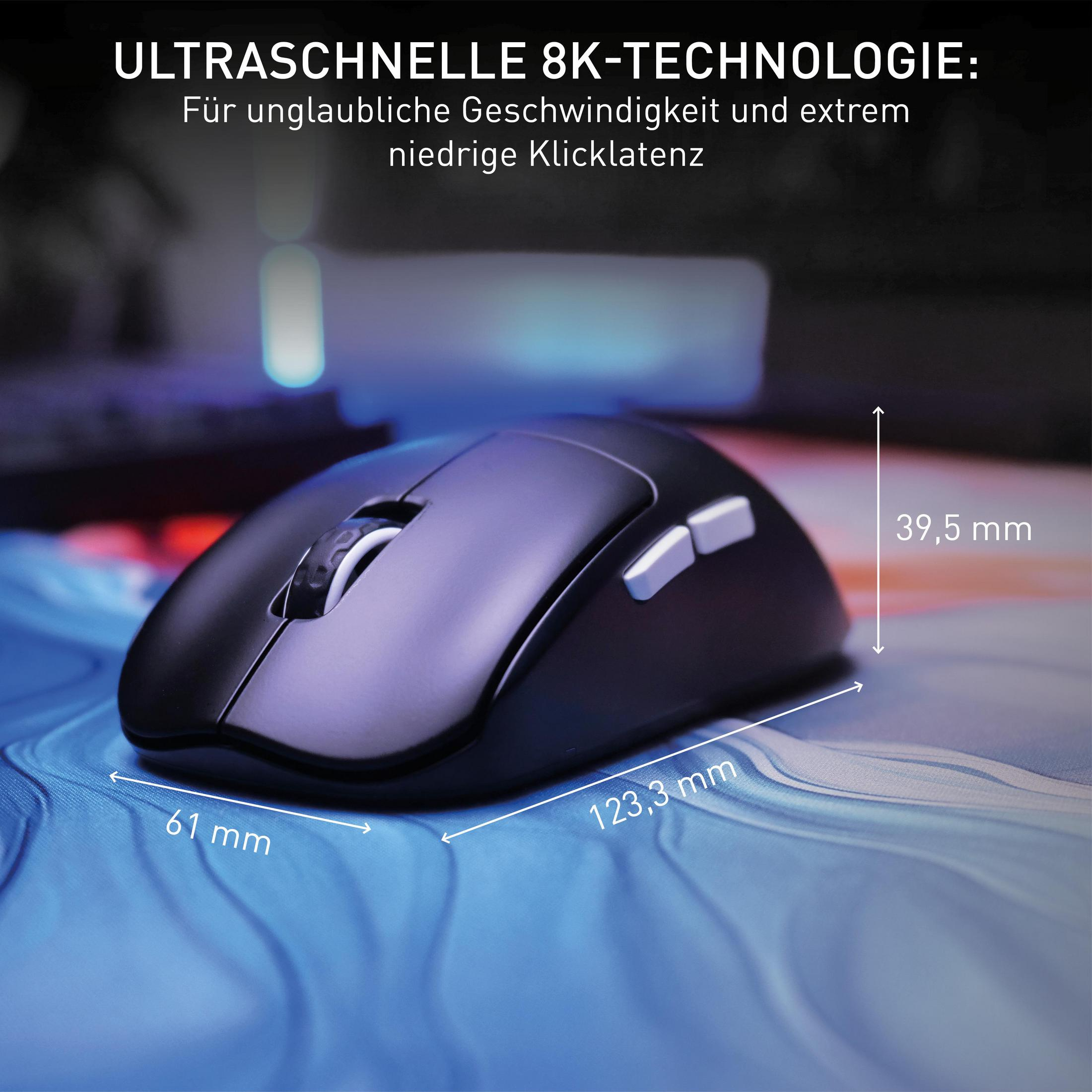Mouse per computer nero con testo e dimensioni. Ha due pulsanti bianchi e una rotella. Testo: tecnologia 8K.