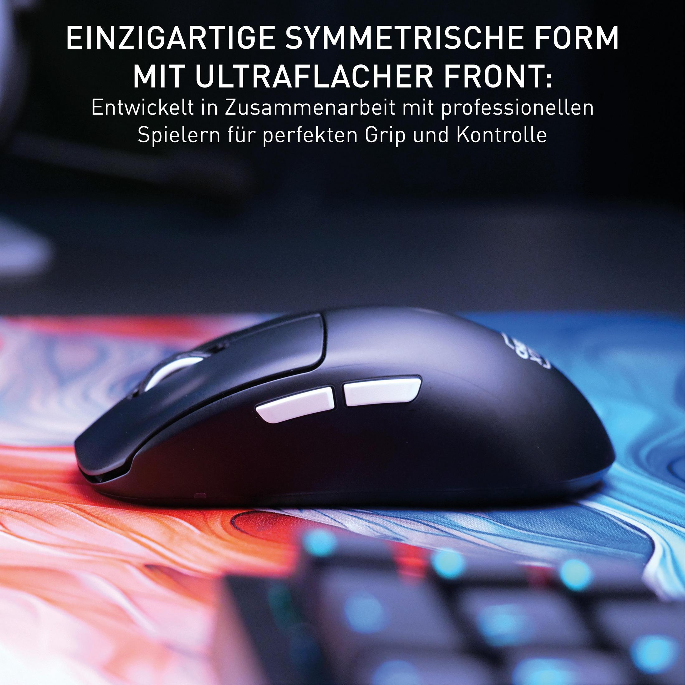 Un mouse nero con pulsanti bianchi su una superficie colorata, testo che descrive le caratteristiche.