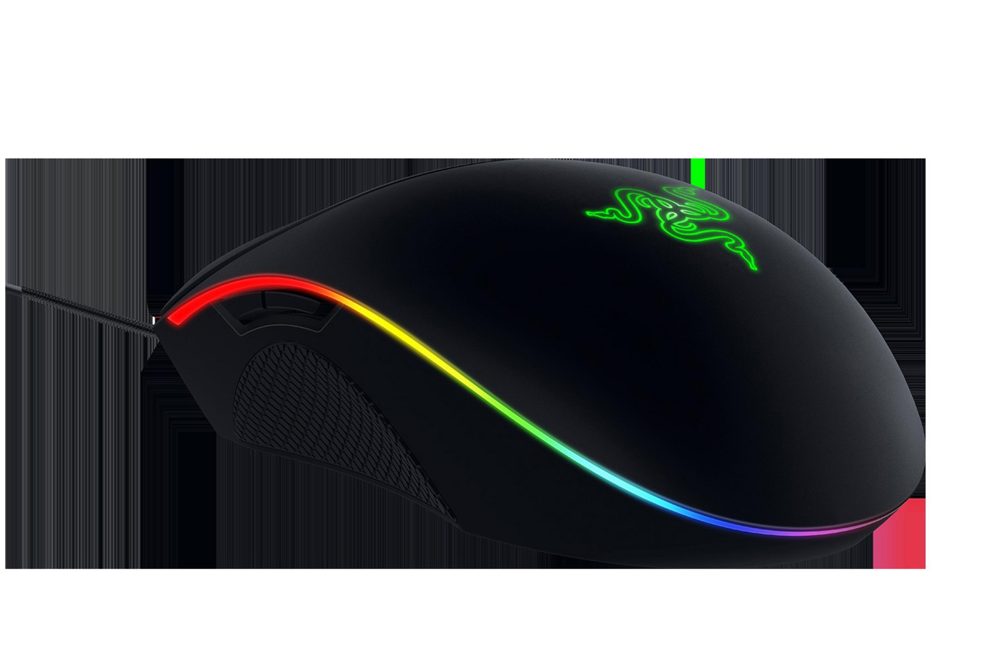 Czarna mysz gamingowa z podświetleniem RGB. Widoczne jest logo Razer. Wokół myszy znajduje się kolorowe światło.