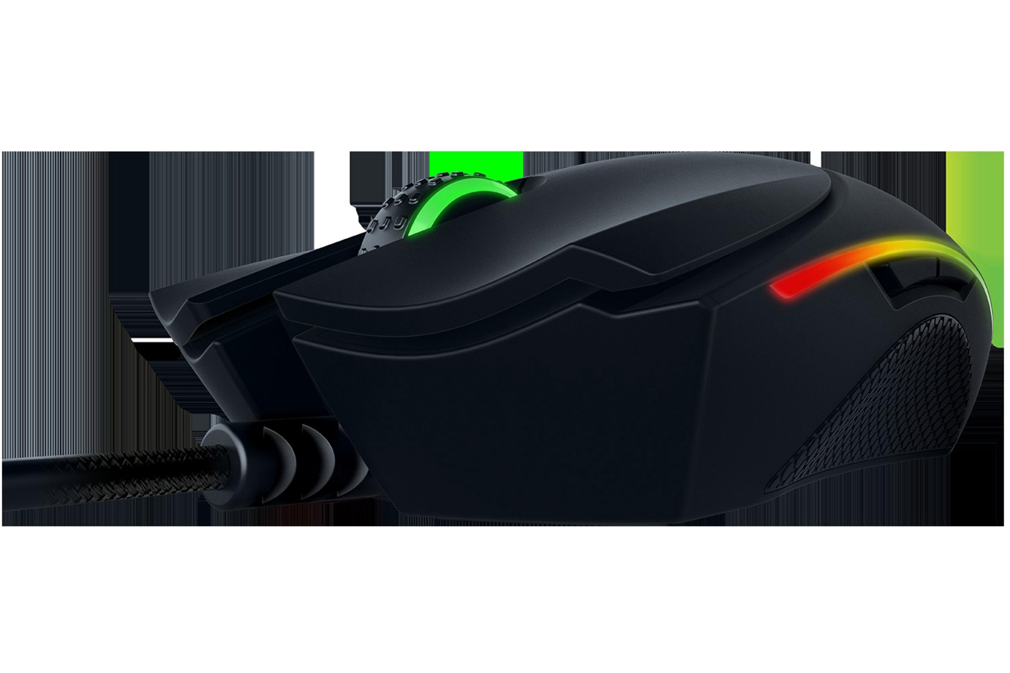 Czarna mysz do gier z zielonymi i czerwonymi światłami oraz plecionym kablem.