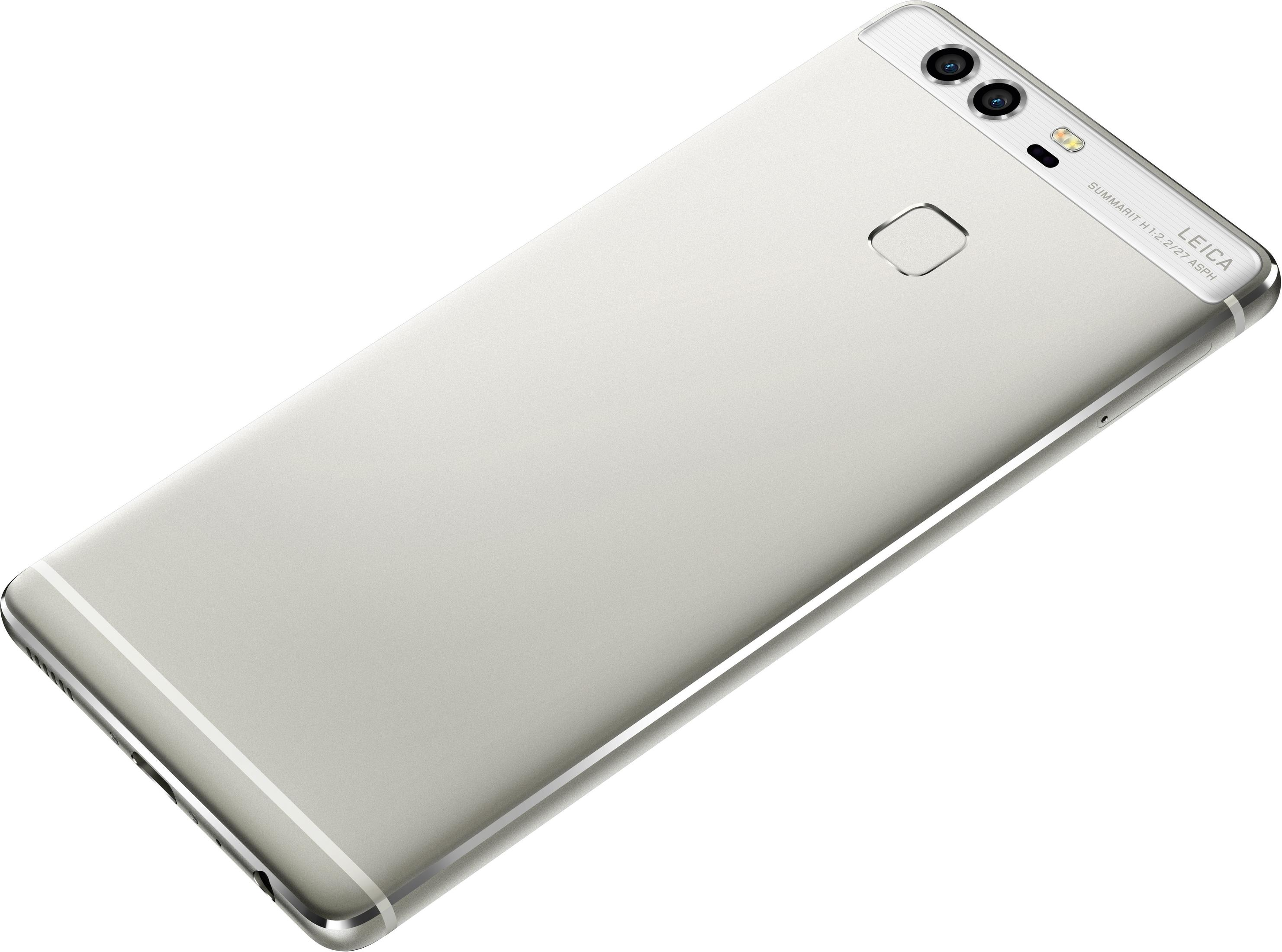 Ein silbernes Smartphone mit Dual-Linsen-Kamera. Das Telefon hat ein schlankes Design und ein Leica-Branding.