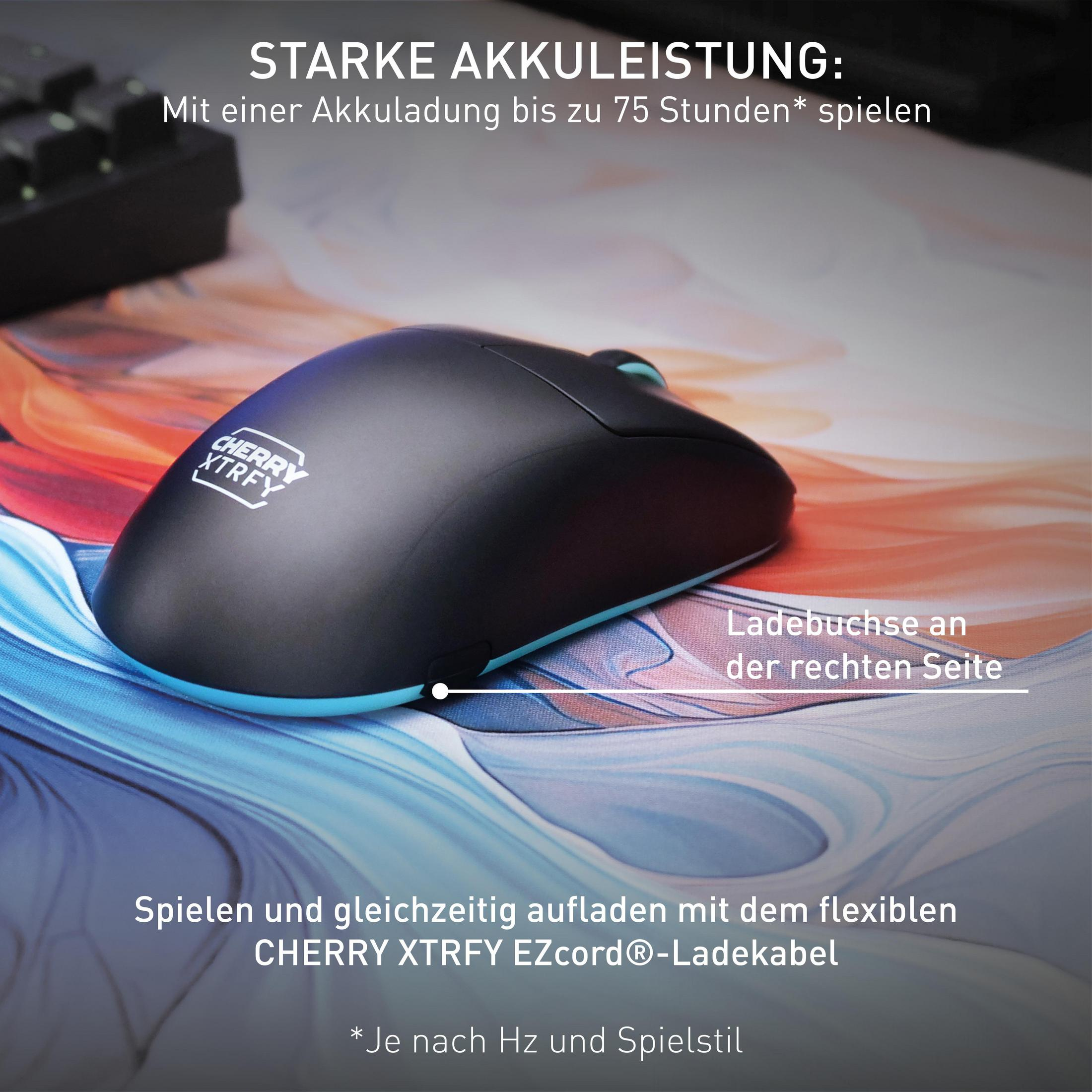 Czarna mysz do gier z turkusowymi akcentami. Mysz na podkładce z tekstem.