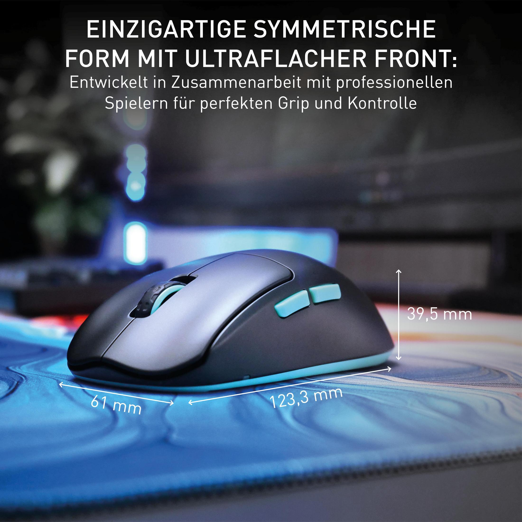 Mysz do gier na podkładce. Czarna mysz, turkusowe akcenty. Wyświetlane wymiary i tekst.