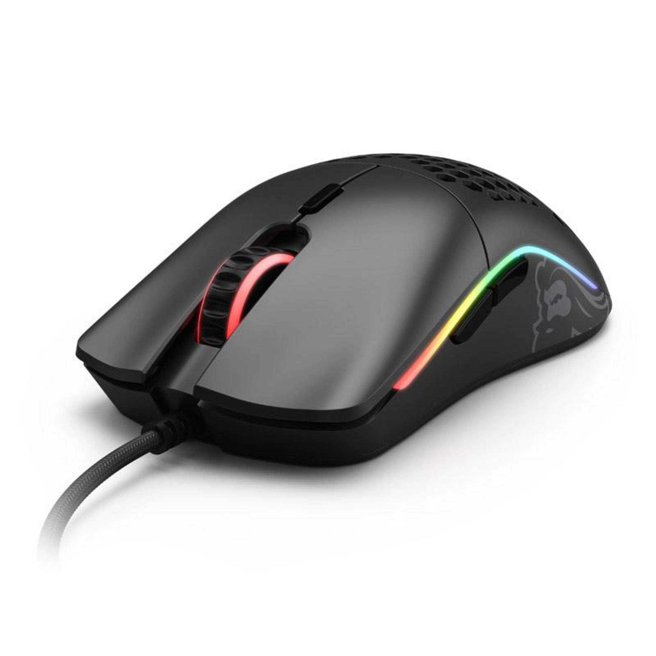 Gamingmuis, zijaanzicht. Zwart met RGB-verlichting. Scrollwiel en zijknoppen zichtbaar.