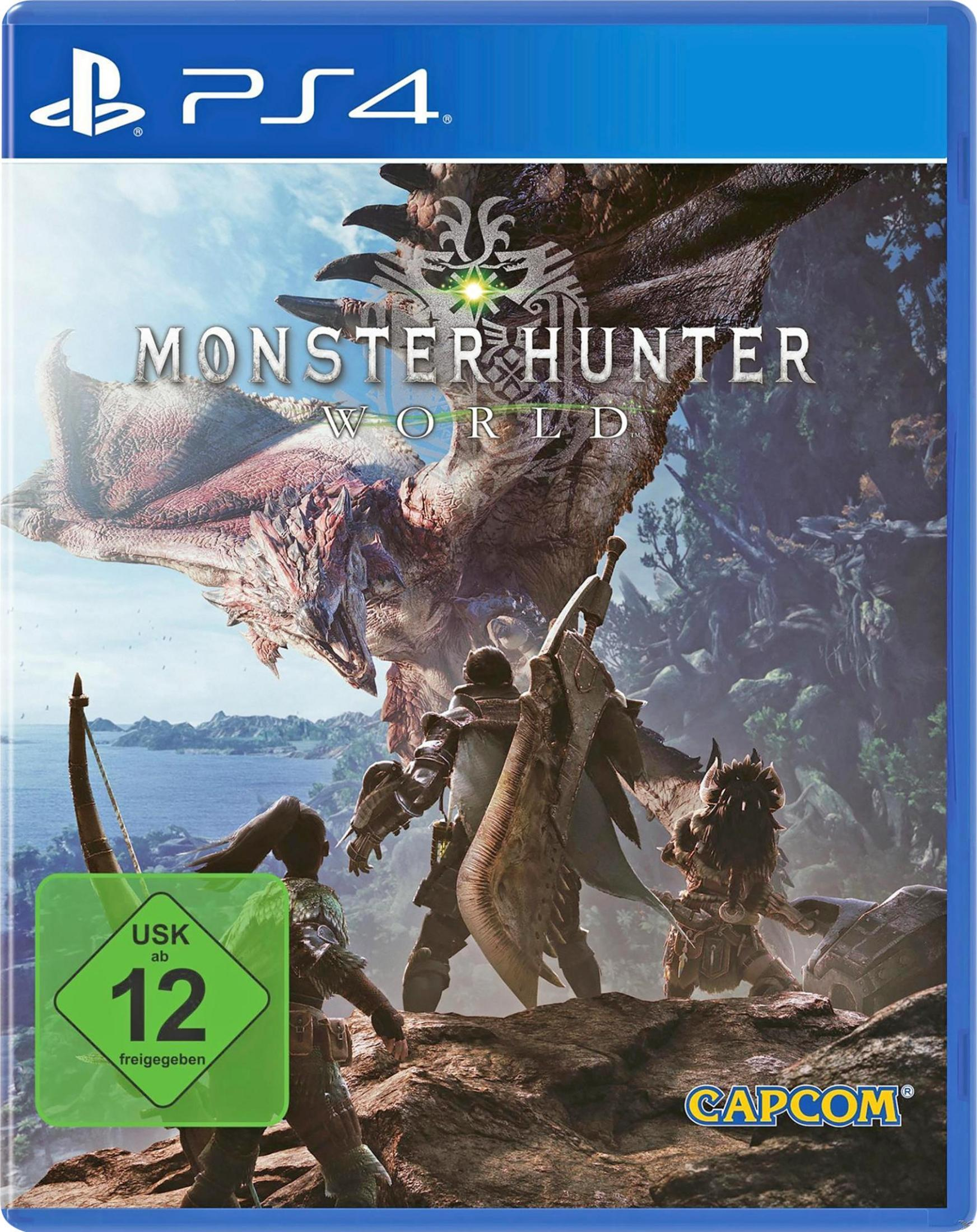 Monster Hunter World PS4-Spielcover mit Charakteren und einem Monster in einem Wald.