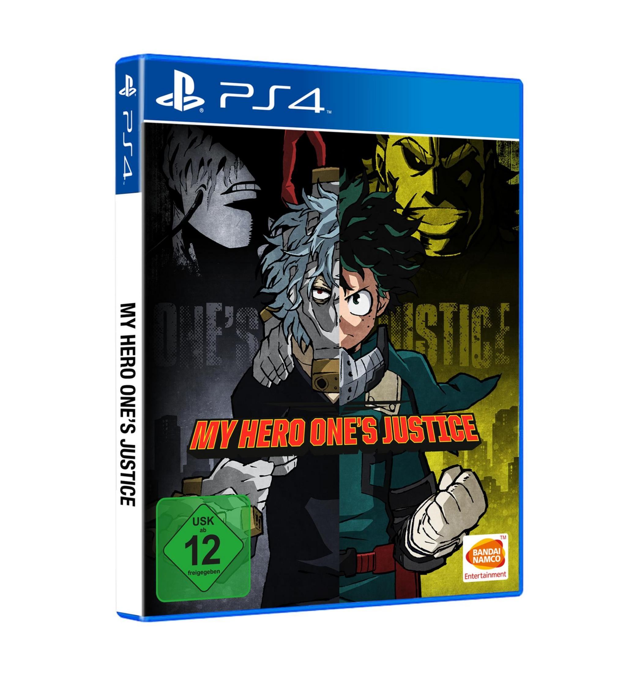 PS4-Spielbox: My Hero One's Justice. Anime-Charakter mit blau-weißem Haar auf dem Cover.