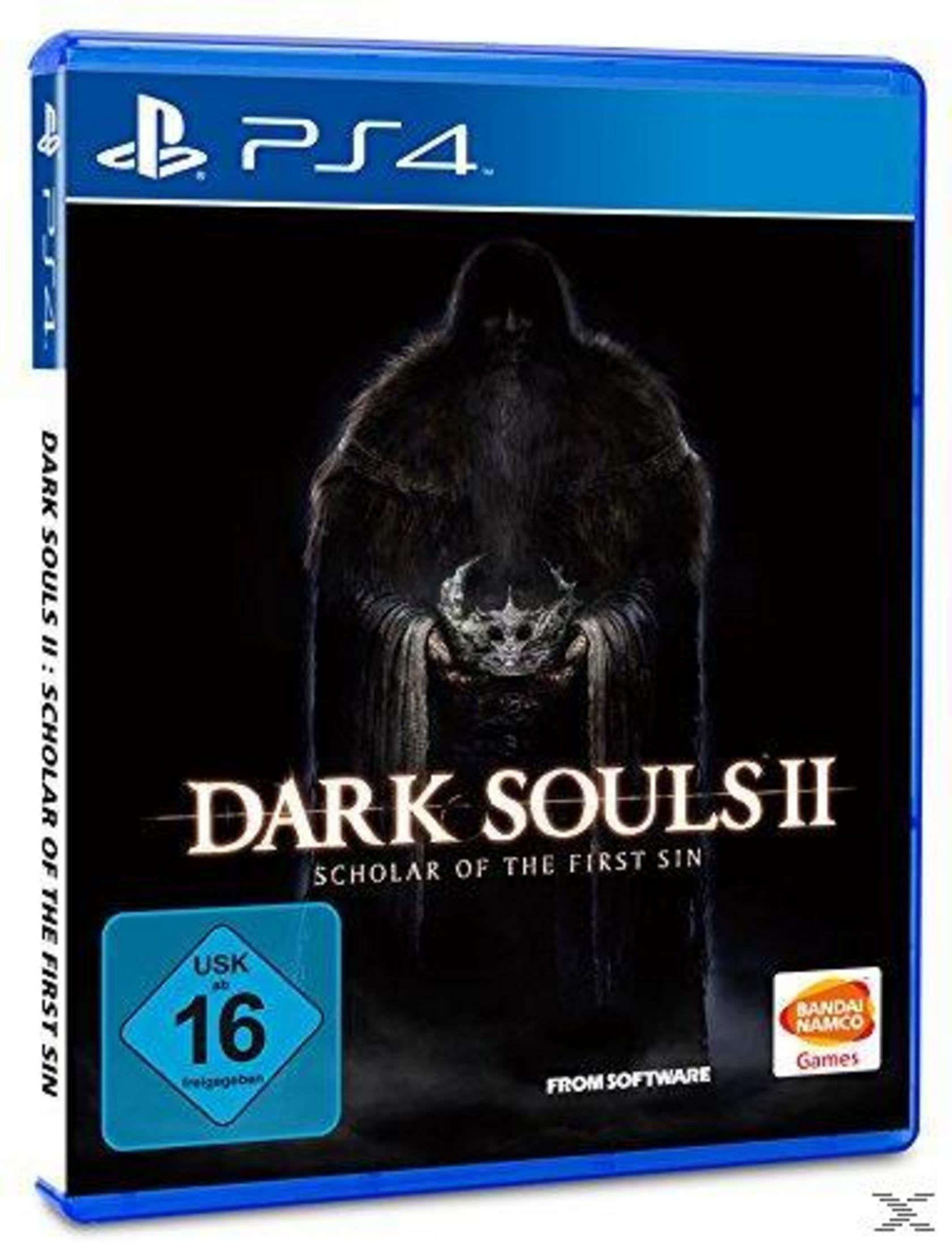 Dark Souls II PS4-Spielbox mit dunkler Figur und Krone, dunkler Hintergrund, USK 16-Rating.