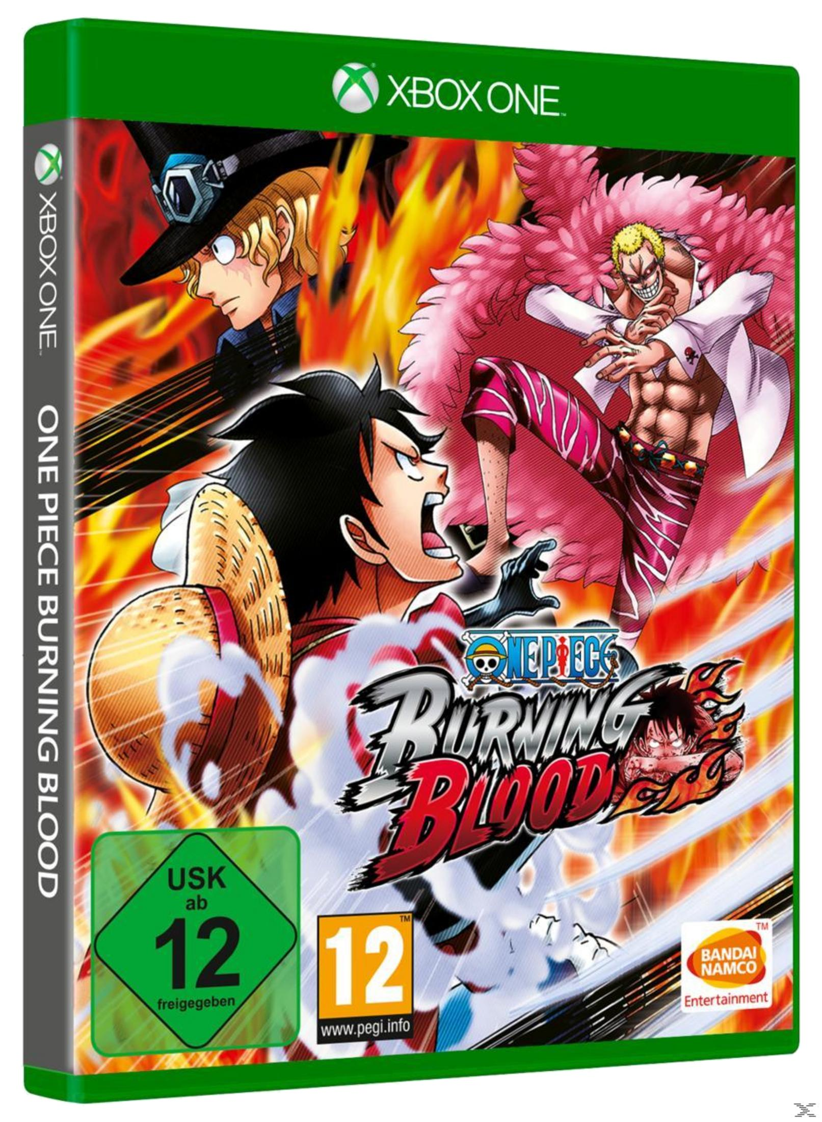 Spielbox von One Piece Burning Blood mit Charakteren und Feuereffekten. Xbox One-Logo oben.