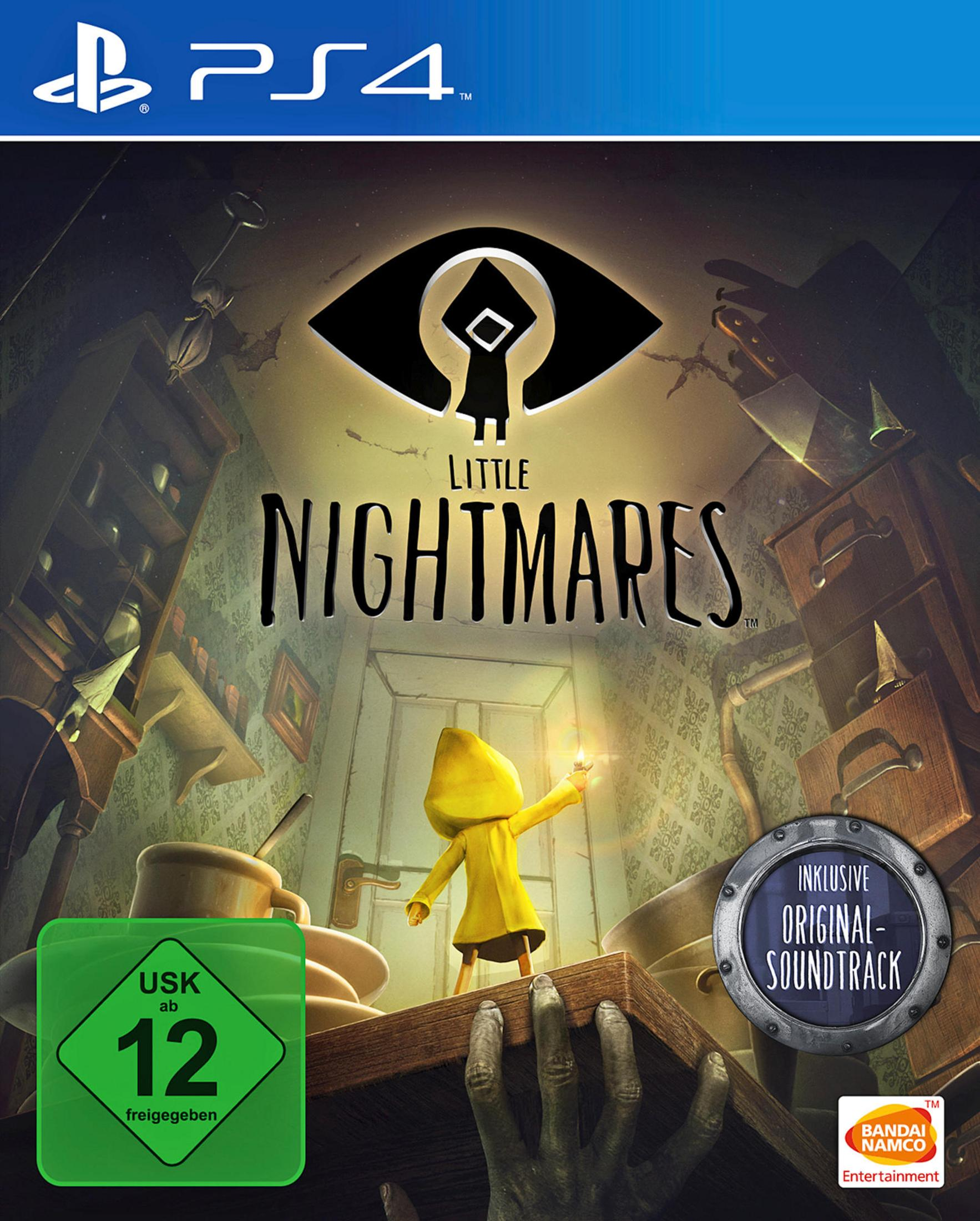 Little Nightmares Spielcover mit einer gelben Regenmantel-Figur, die ein Licht hält, in dunkler Umgebung. Für PS4.