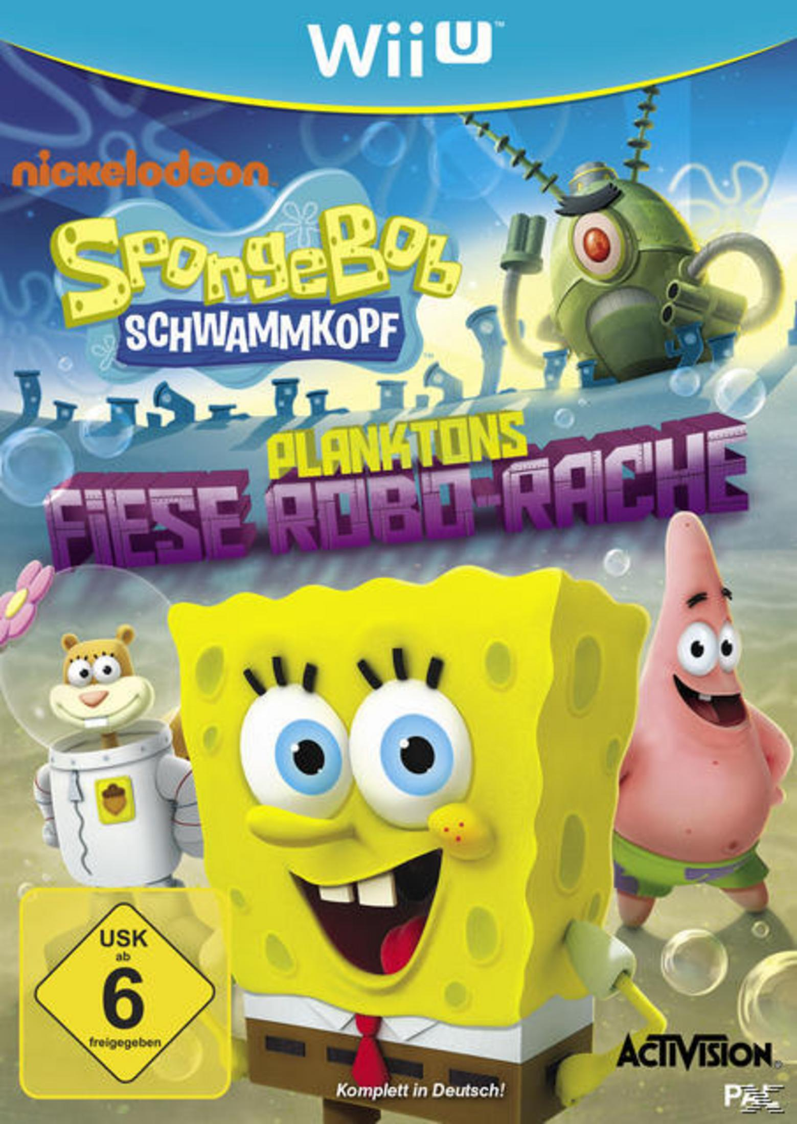 Wii U Spiel-Cover: Spongebob, Plankton, Roboter und Patrick. Deutscher Text.