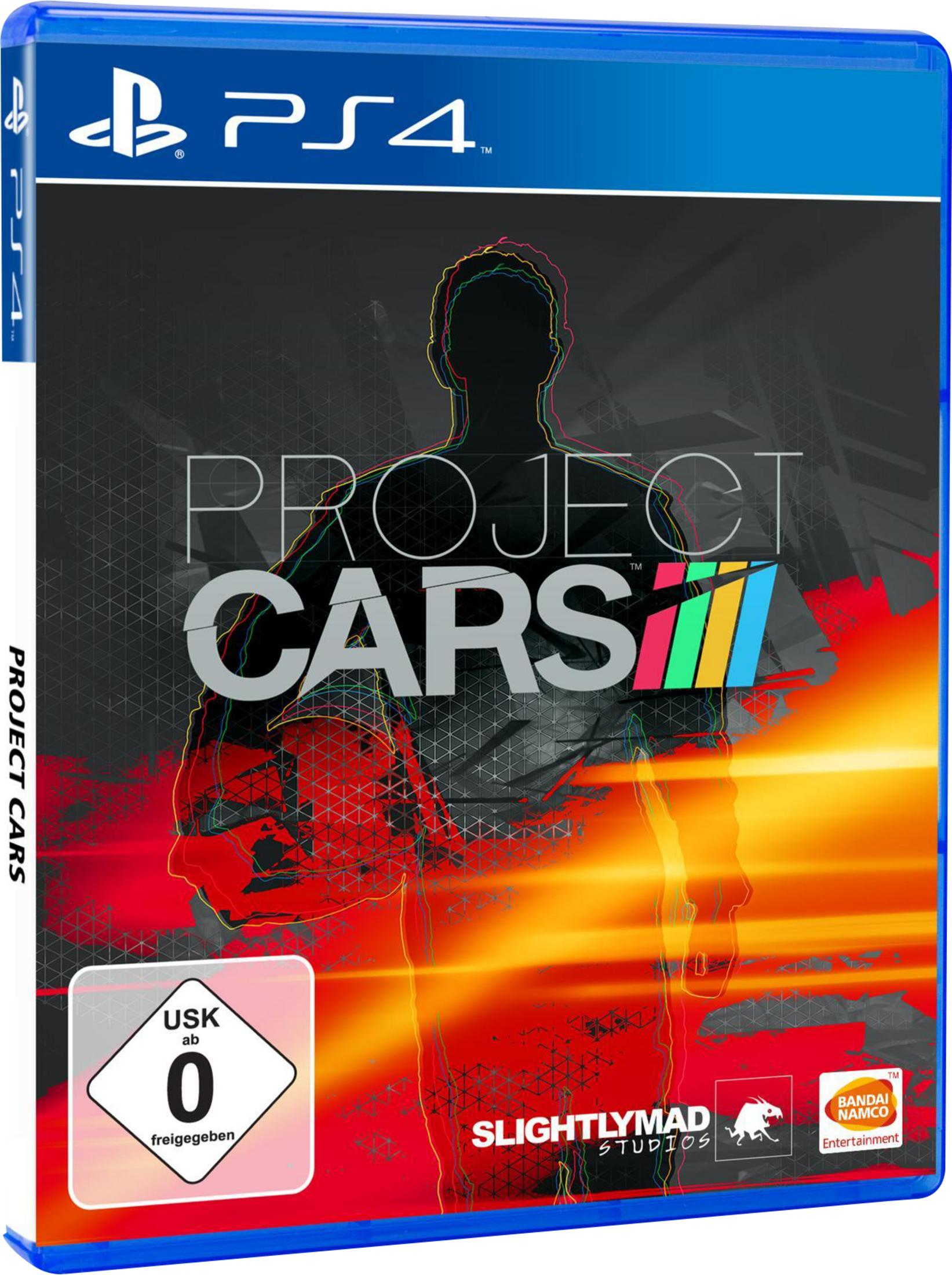 Project Cars 2 Spielcover mit einer Silhouette eines Fahrers und rotem Hintergrund. Das Spiel ist für PS4. Mit Logo.