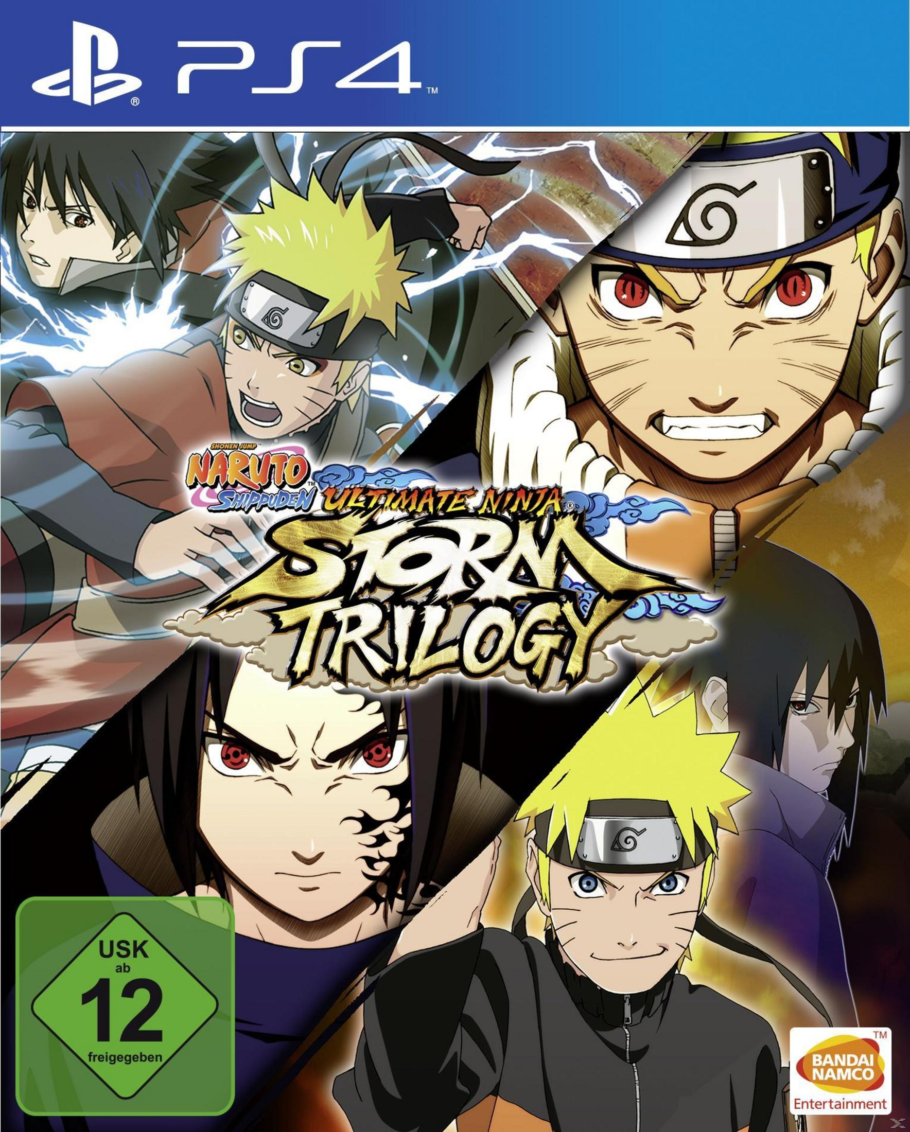 Copertina del gioco Naruto Shippuden: Ultimate Ninja Storm Trilogy con Naruto e Sasuke. Logo PS4.