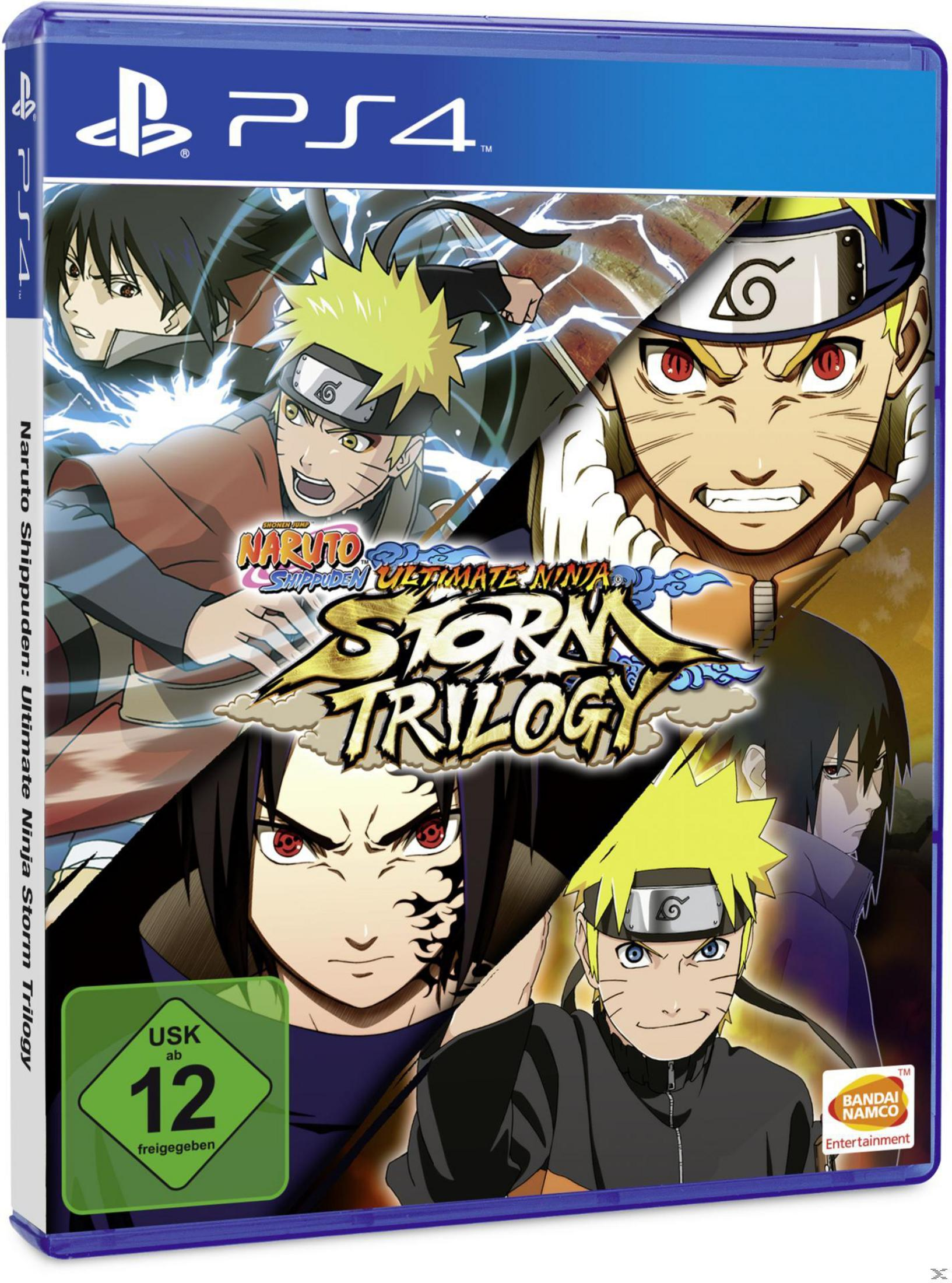 Copertina del gioco Naruto Shippuden: Ultimate Ninja Storm Trilogy con Naruto e Sasuke. Logo PS4.