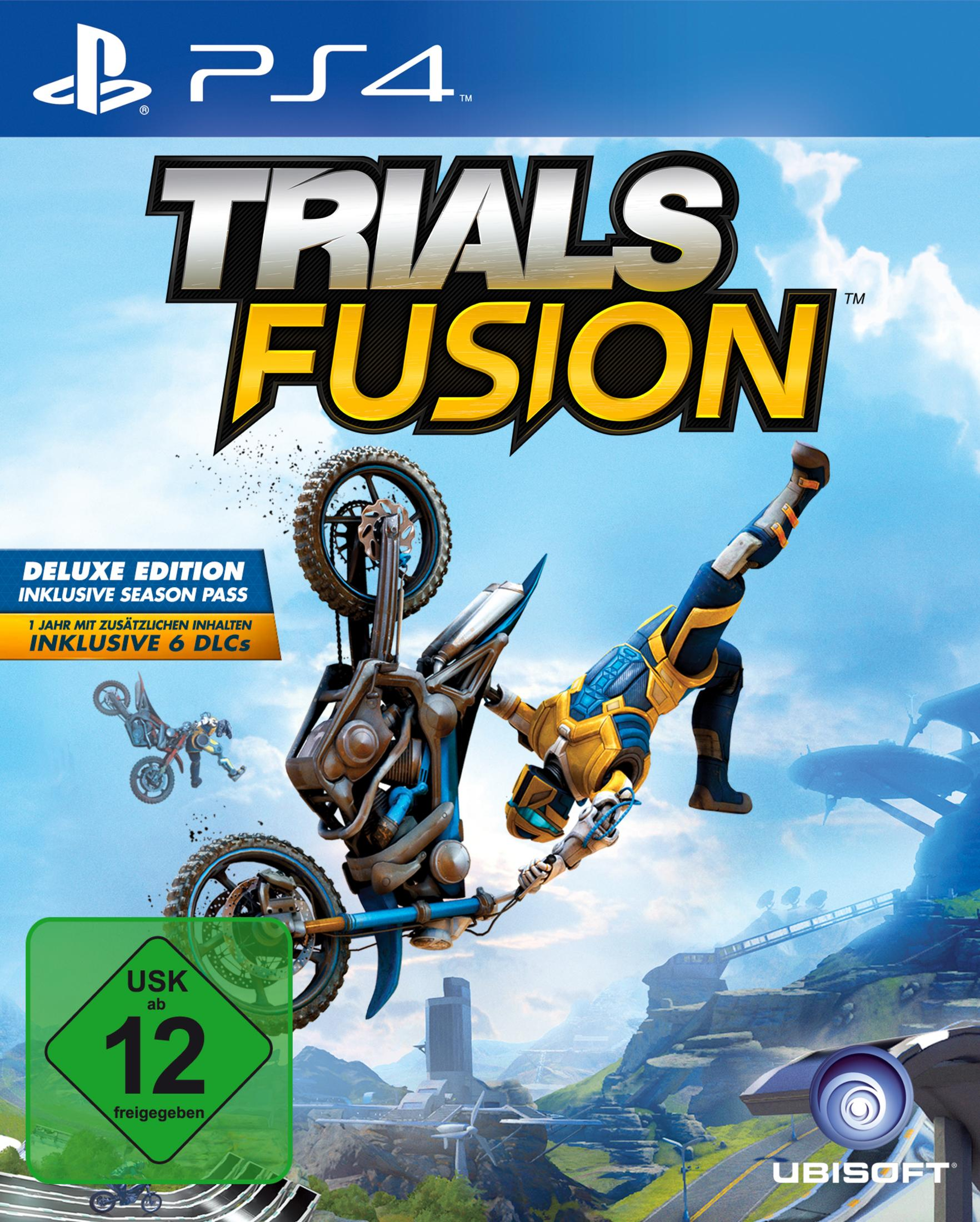 Trials Fusion Spielcover. Ein Biker in der Luft. PS4-Logo. Deluxe Edition mit Season Pass.