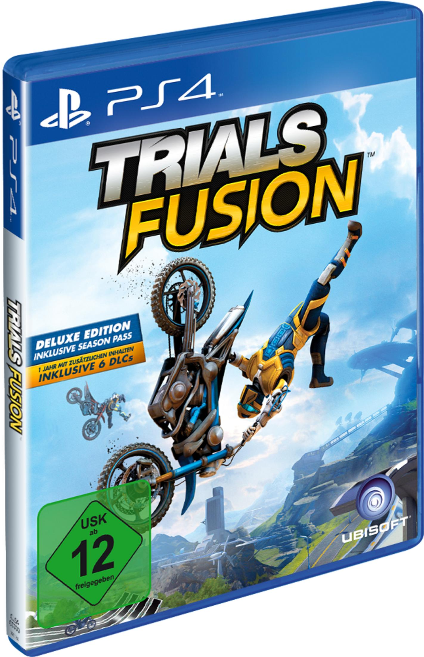 Trials Fusion Spielcover. Ein Biker in der Luft. PS4-Logo. Deluxe Edition mit Season Pass.