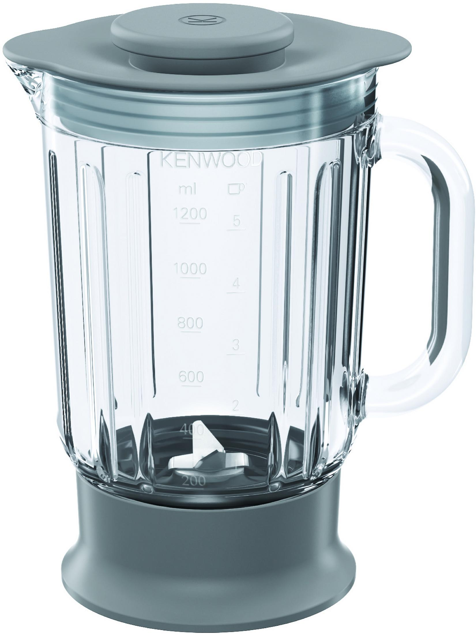 Frullatore Kenwood, boccale in vetro trasparente con coperchio blu, base grigia, bianco.