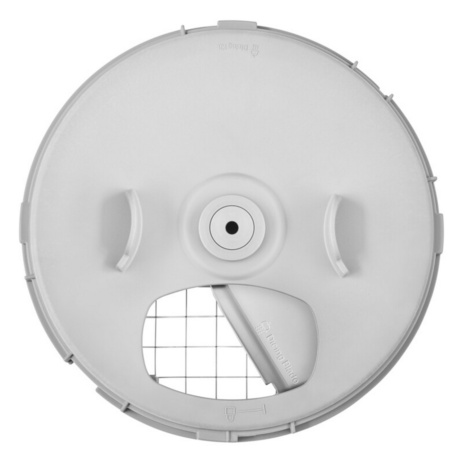 Weißer KitchenAid-Küchenmaschinendeckel mit Reibe und Gitter. Grau-weißer Kunststoff. Weißer Hintergrund.