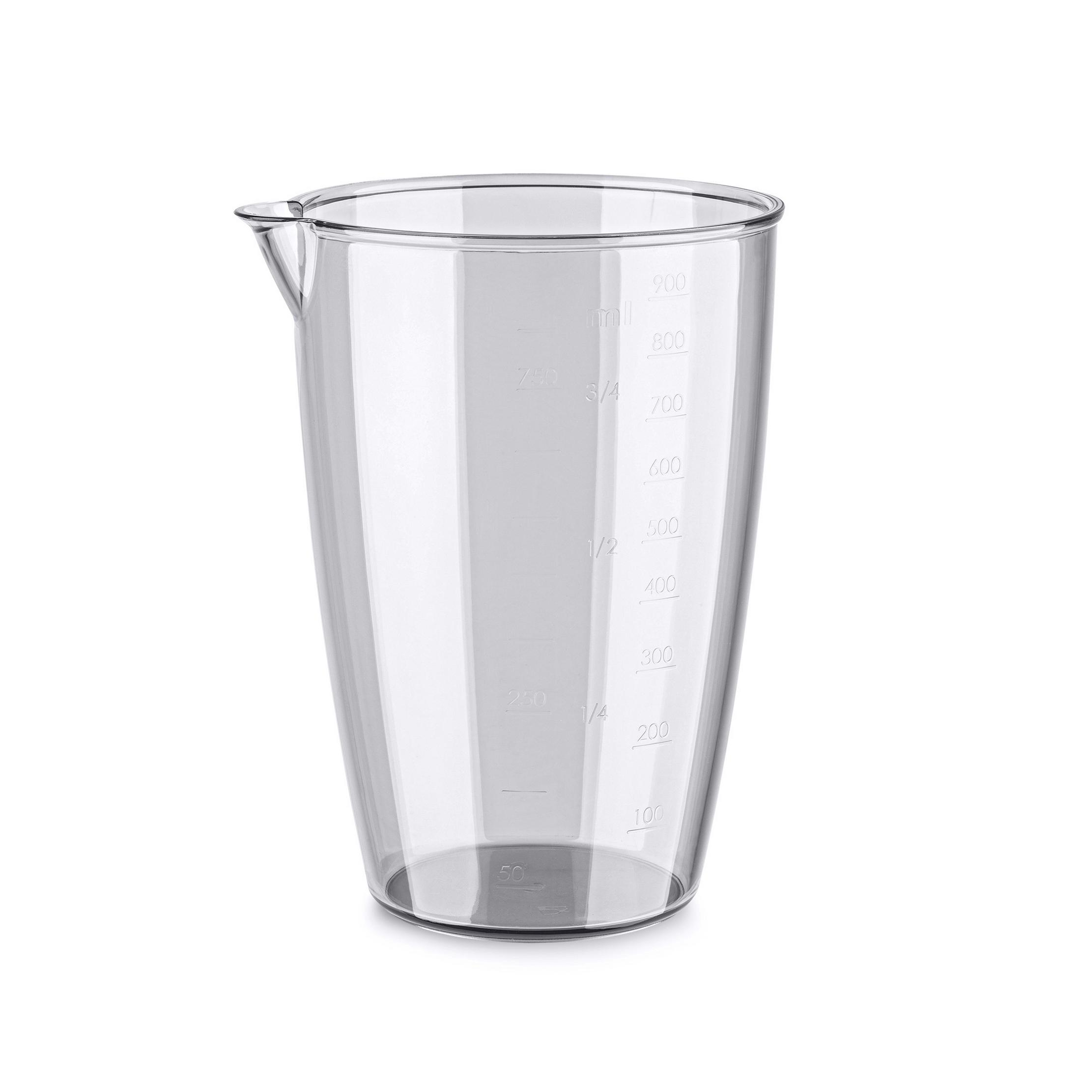 Şeffaf plastik ölçü kabı. Bir sapı ve mililitreler için dereceli işaretleri vardır, 50 ml'den 900 ml'ye kadar.