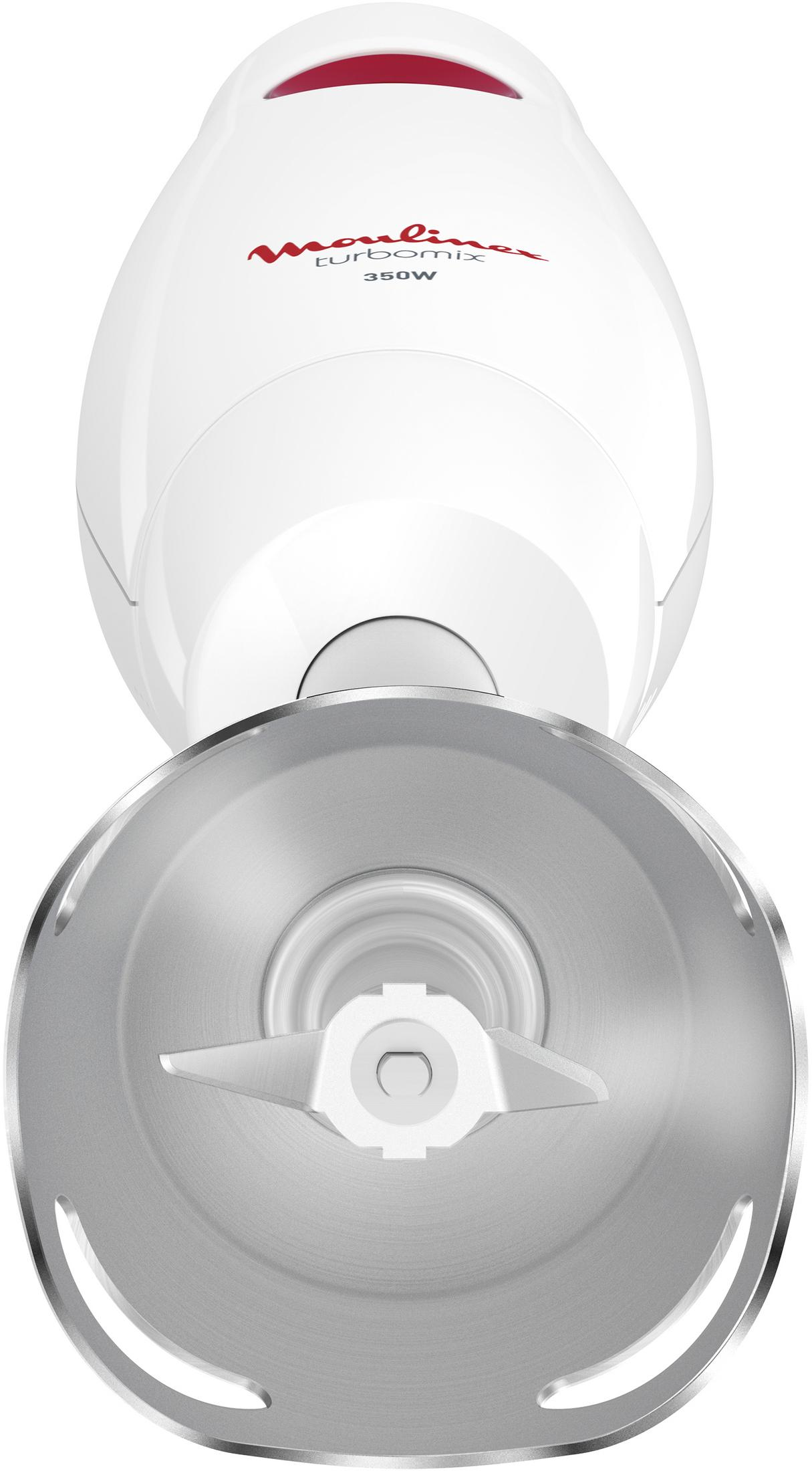 Blender ręczny Moulinex turbomix, biały, z widocznym ostrzem. Czerwony przycisk. Białe tło.