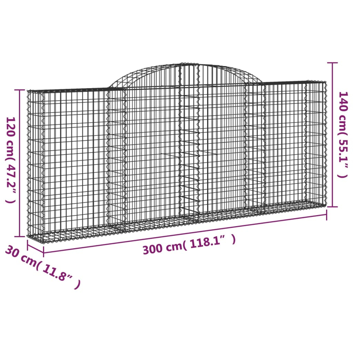 Eine Gabionenwand aus Metalldrahtgeflecht, die Abmessungen zeigt. Weißer Hintergrund, gewölbter Oberteil und rechteckige Form.