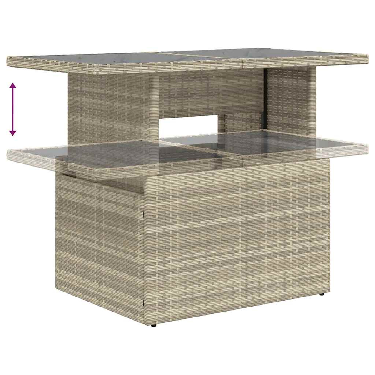 Verstellbarer Outdoor-Tisch mit Glasplatte. Korbgeflechtrahmen, Maße notiert, weißer Hintergrund.