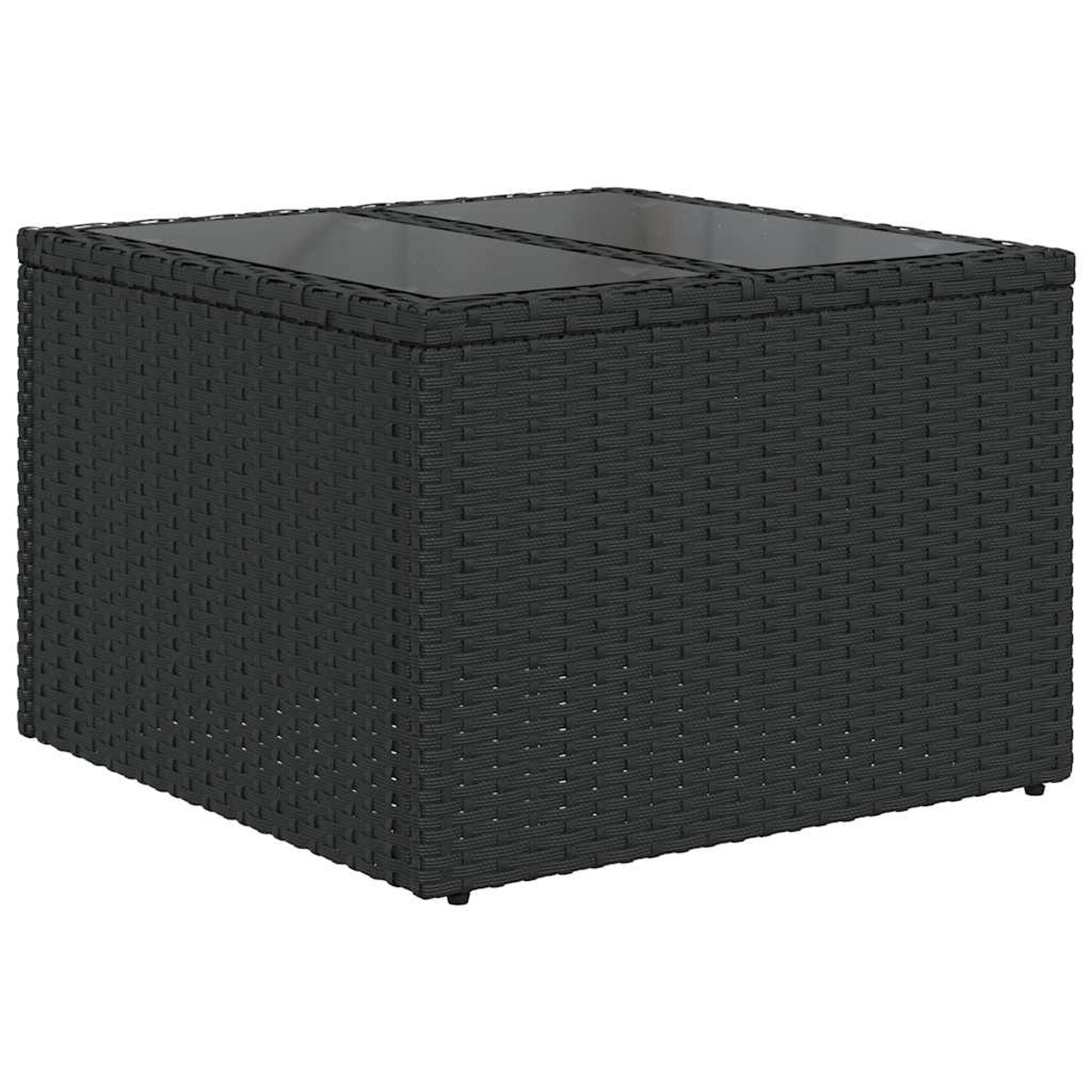 Schwarzer, gewebter quadratischer Tisch mit Glasplatte. Er hat eine quadratische Form und eine dunkle Farbe.