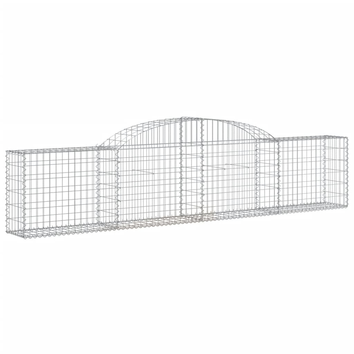 Ein langer Drahtgitter-Gabion. Es hat ein gewölbtes Oberteil und eine rechteckige Form.