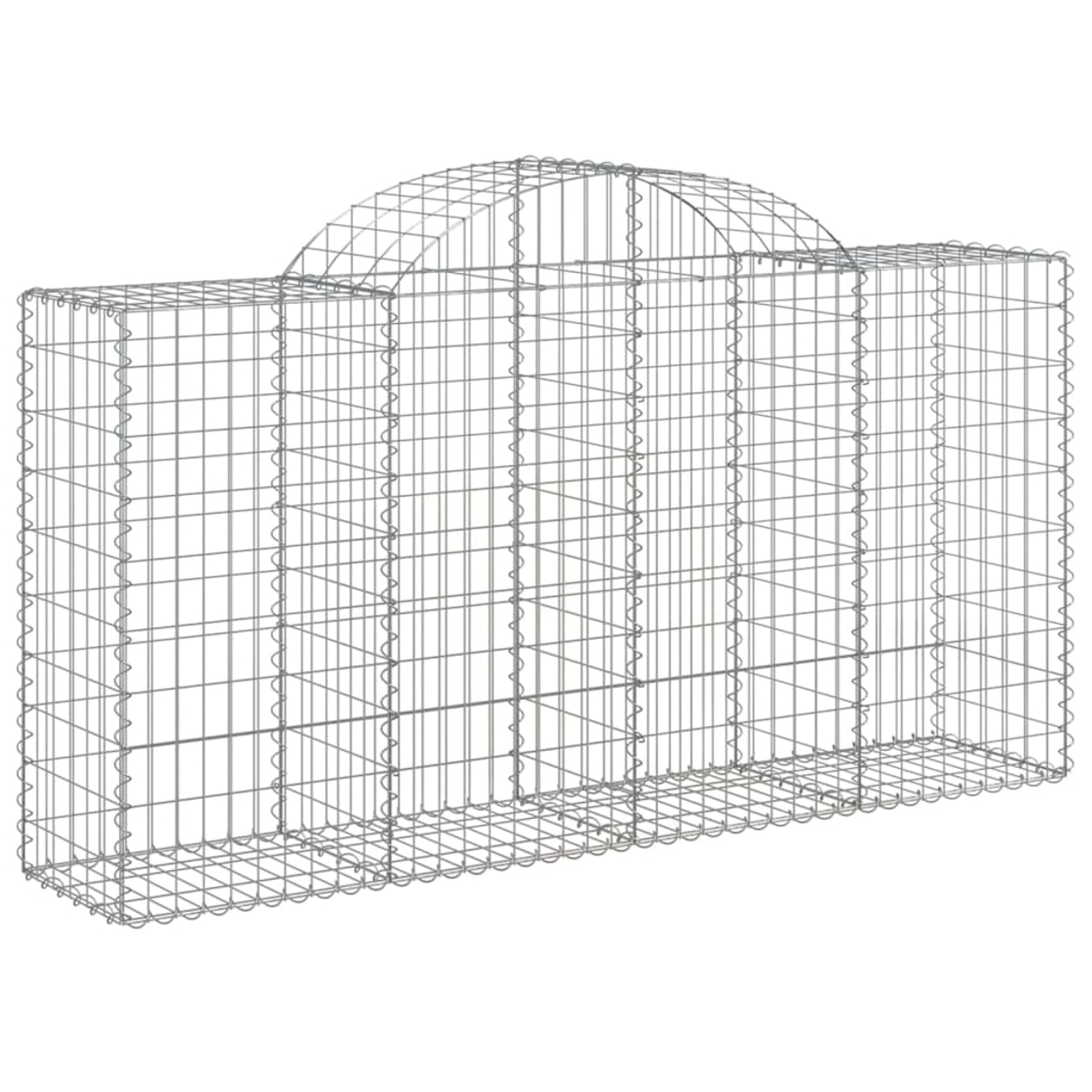 Ein Metall-Gabionenkäfig mit halbkreisförmiger Oberseite, für den Bau konzipiert, auf weißem Hintergrund.