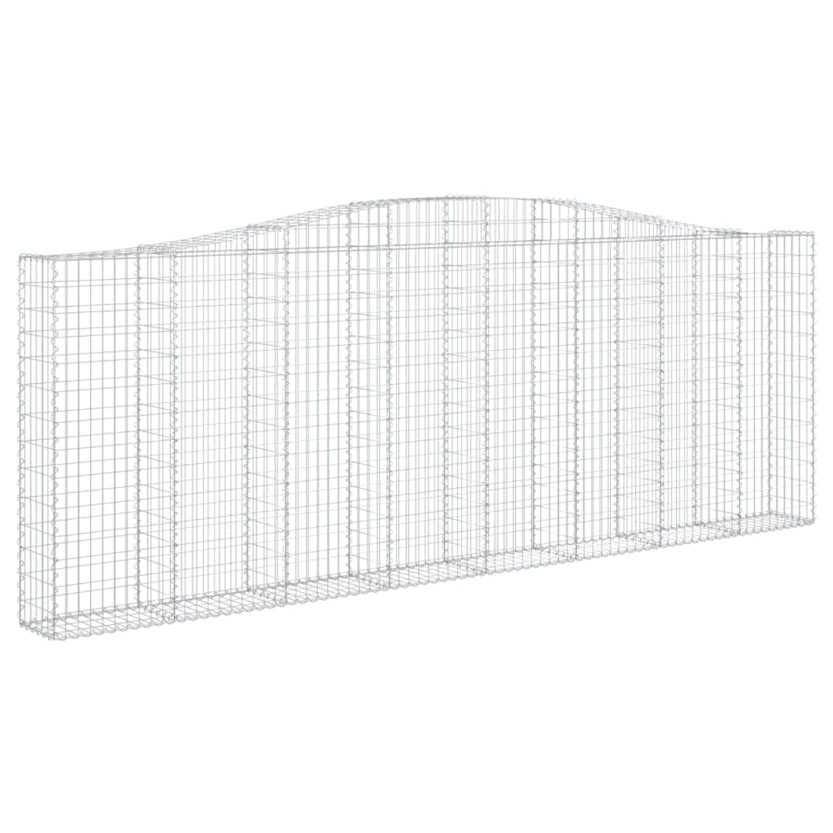 Ein gebogener Metall-Gabion mit Abmessungen. Weißer Hintergrund.