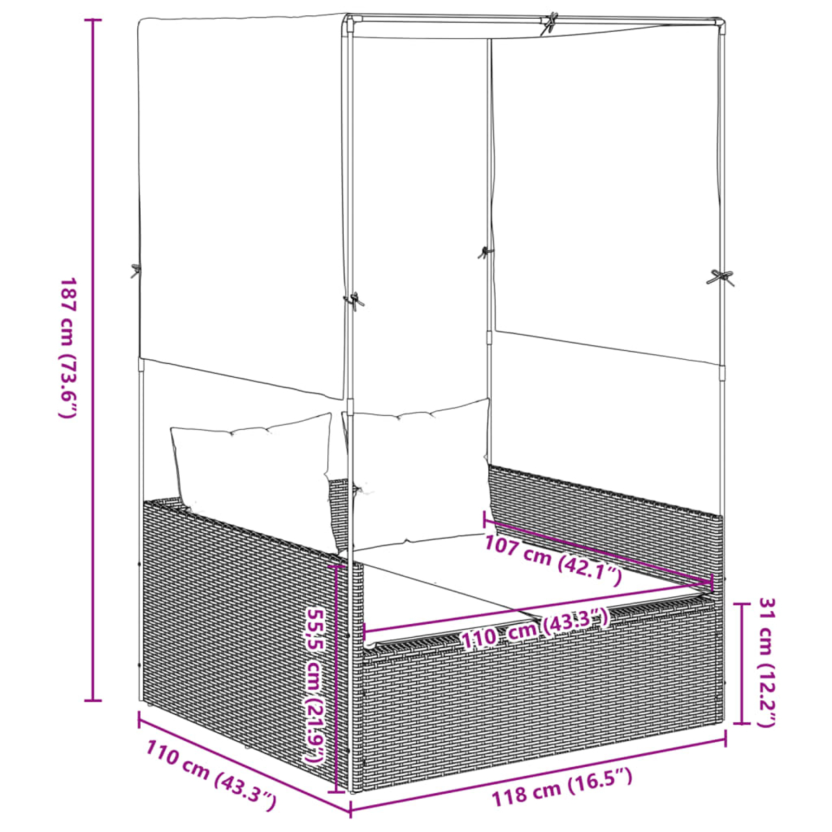 Ein Rattan-Outdoor-Tagesbett mit beschrifteten Abmessungen, vor weißem Hintergrund.