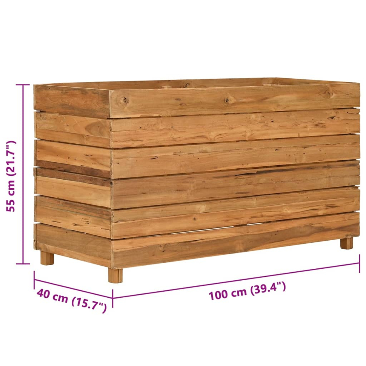 Ein rechteckiger Holzpflanzer mit sichtbaren Abmessungen. Es ist braun und hat eine raue Textur.