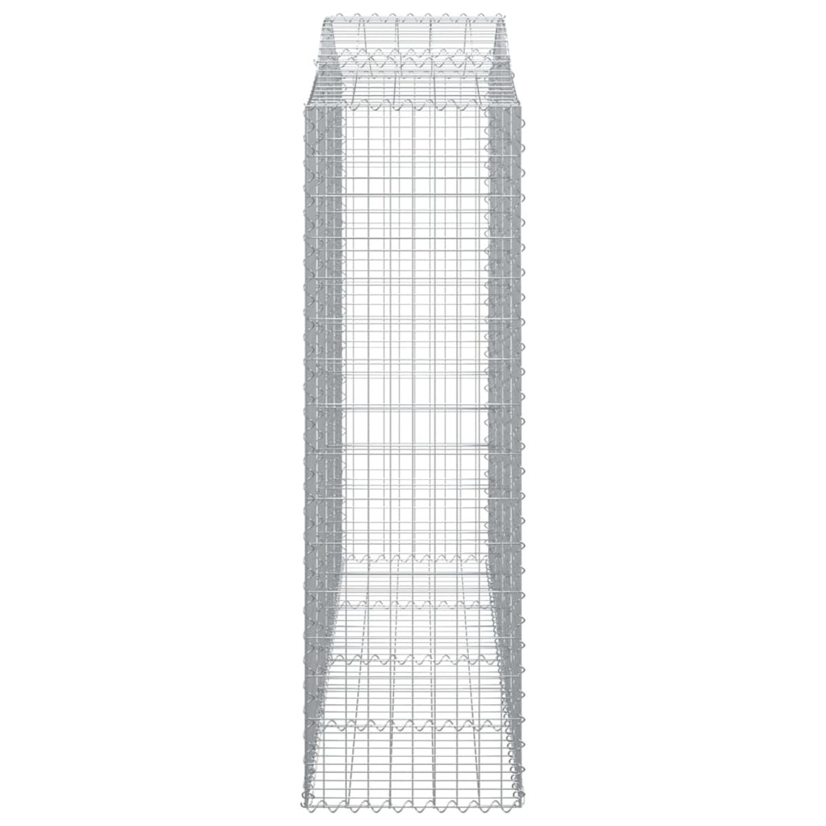 Ein hoher, schmaler, leerer Metallgabion. Es besteht aus Drahtgeflecht und ist rechteckig.