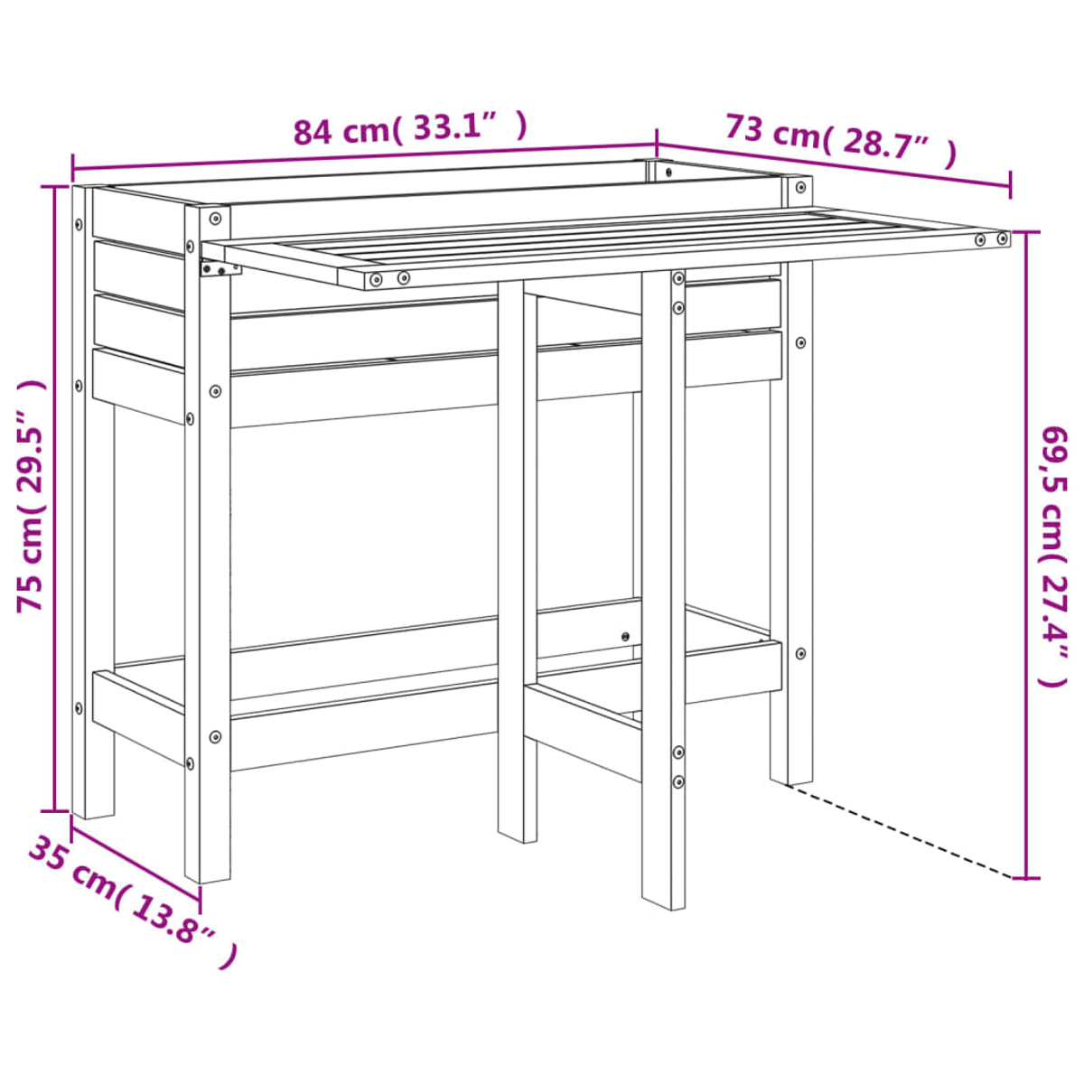 Holztisch für den Außenbereich mit herunterklappbarem Teil. Abmessungen in cm angegeben. Der Tisch hat eine natürliche Holzfarbe.
